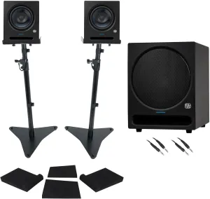 Audiosavings Bundle: (2) Presonus Eris Pro 8" Active Coaxial 2-Way Studio Speaker Bundle w/Presonus Eris Pro Sub Active 10" Studio Subwoofer & (2) Rockville RVSM5 Pair Studio Speaker Stands (9 Items)