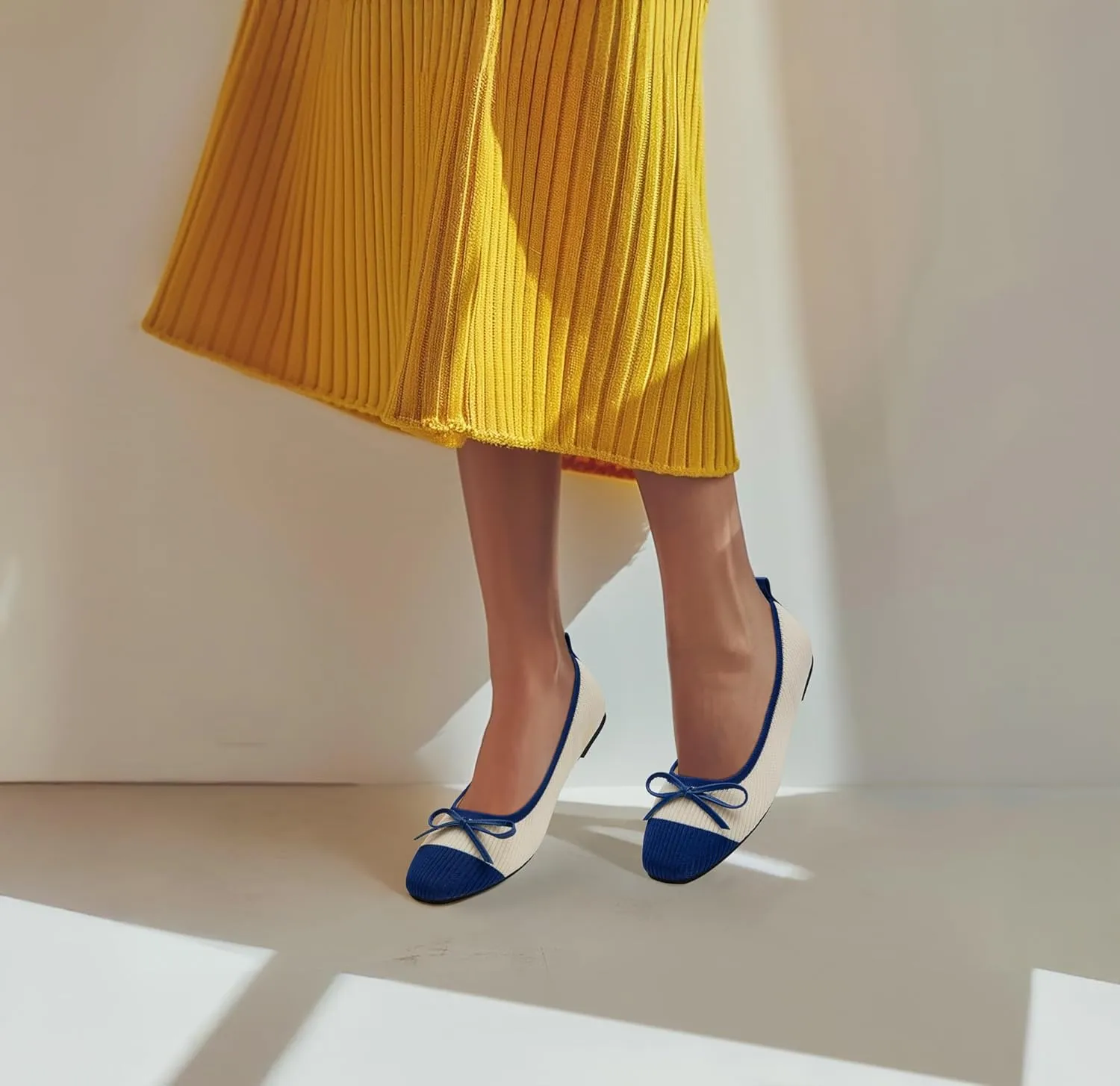 Ballet Flats for Women | Knit Square Toe Slip on Flats | Two-Tone Bowknot Shoes