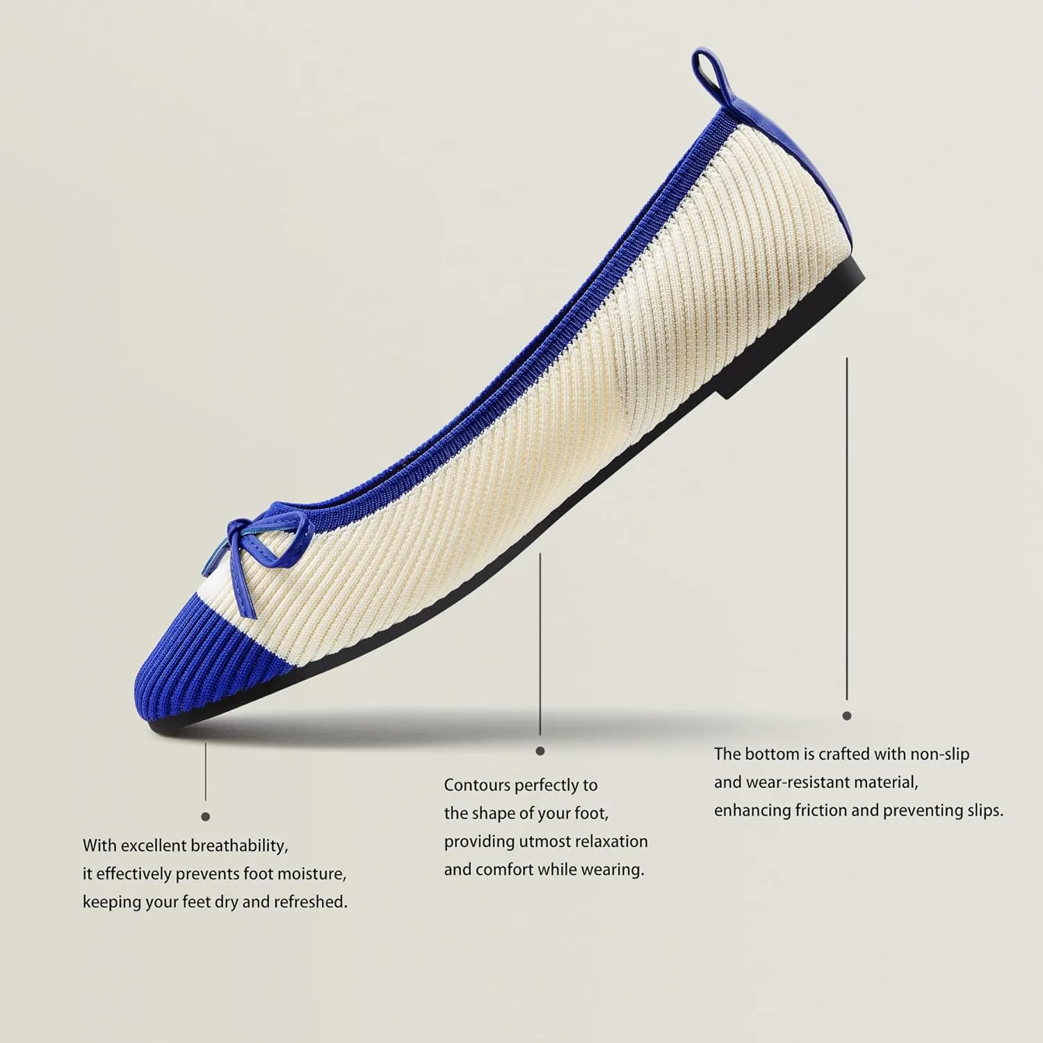 Ballet Flats for Women | Knit Square Toe Slip on Flats | Two-Tone Bowknot Shoes