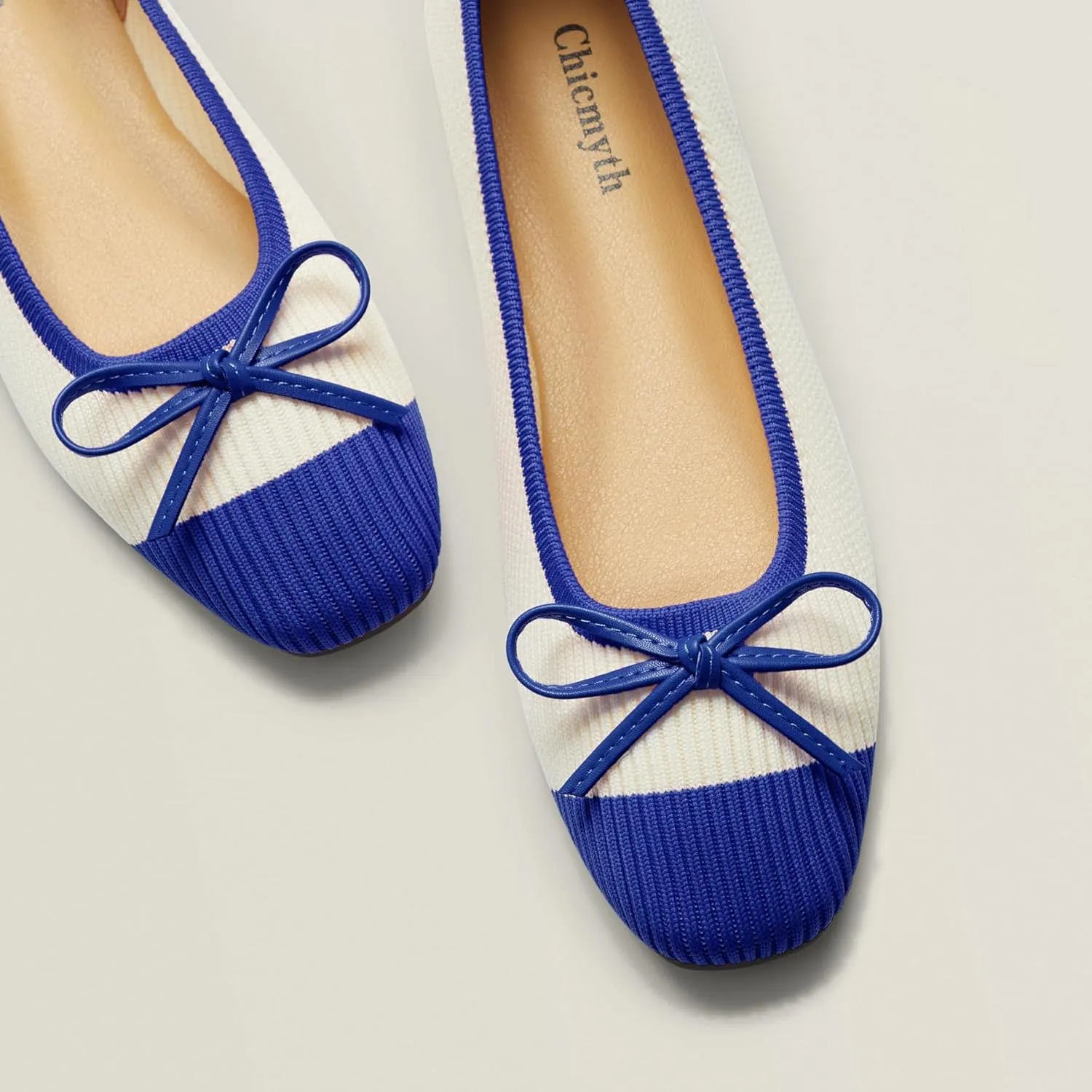 Ballet Flats for Women | Knit Square Toe Slip on Flats | Two-Tone Bowknot Shoes
