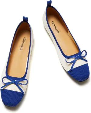 Ballet Flats for Women | Knit Square Toe Slip on Flats | Two-Tone Bowknot Shoes