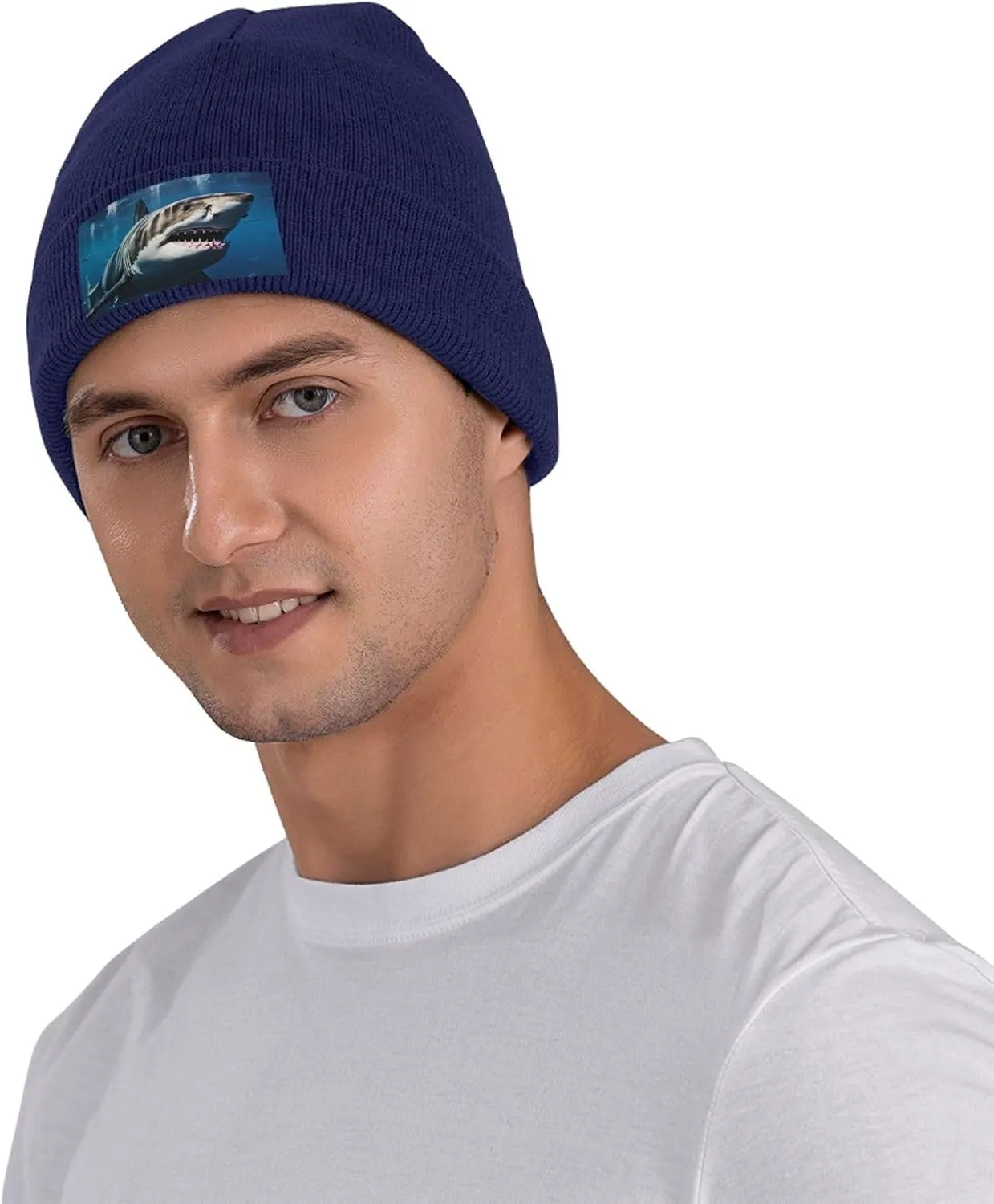 Beanie for Men Winter Hats for Women Knit Hat Great White Shark Beanie Soft Warm Cuffed Caps Stylish Watch Cap Black Beanie