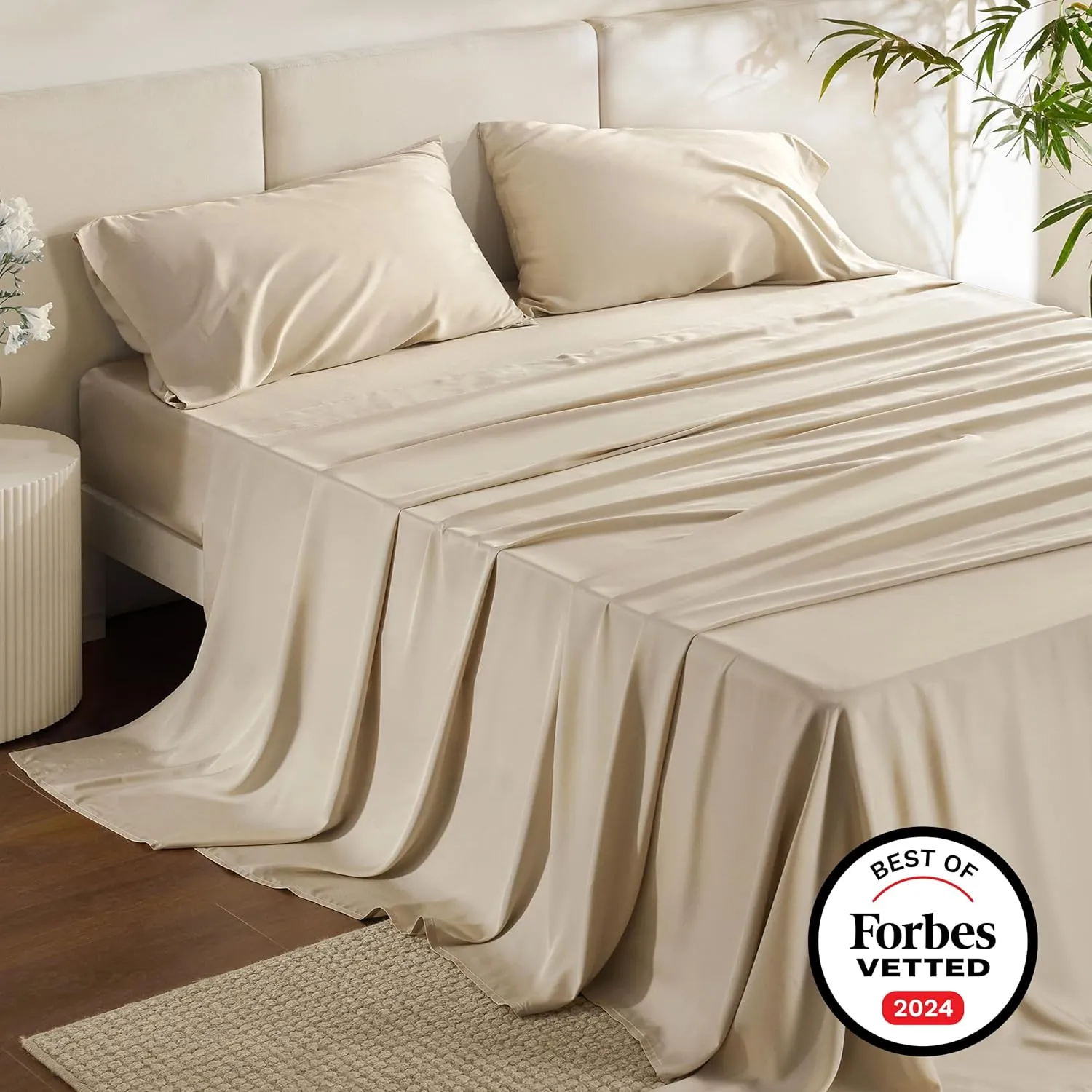 Bedsure King Size Sheet Set, Cooling Sheets King, Rayon Derived from Bamboo, Deep Pocket Up to 16", Breathable & Soft Bed Sheets, Hotel Luxury Silky Bedding Sheets & Pillowcases, Beige
