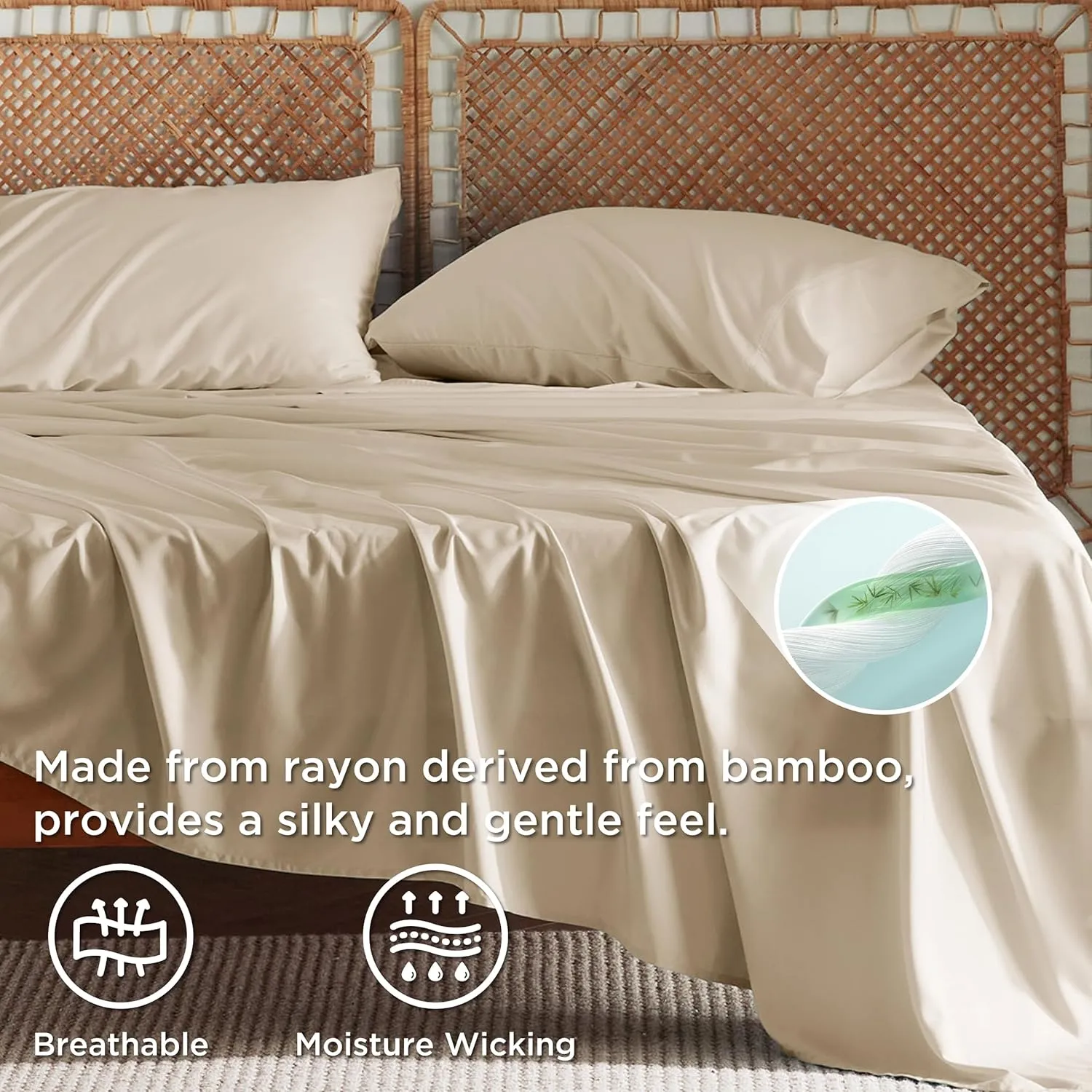 Bedsure King Size Sheet Set, Cooling Sheets King, Rayon Derived from Bamboo, Deep Pocket Up to 16", Breathable & Soft Bed Sheets, Hotel Luxury Silky Bedding Sheets & Pillowcases, Beige