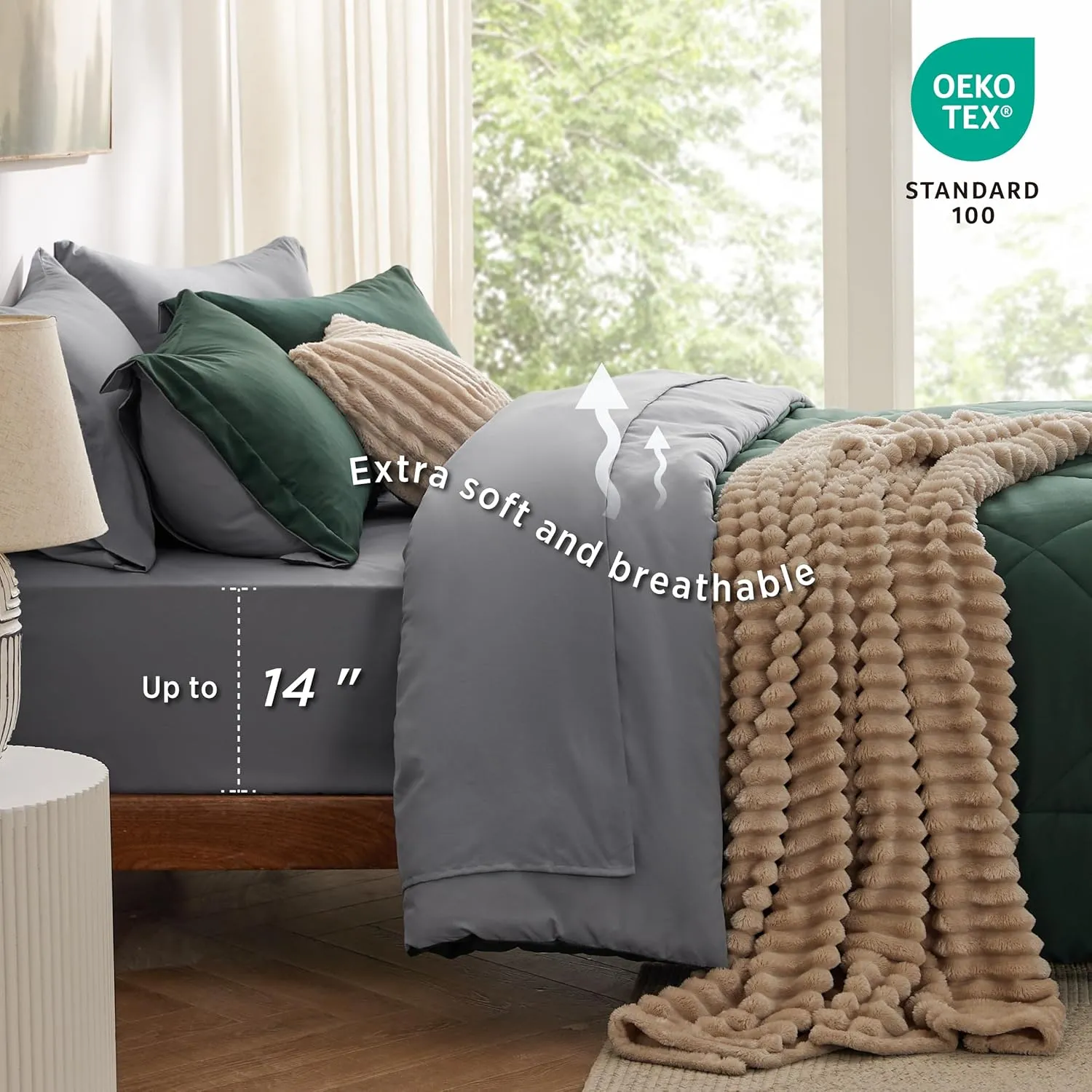 Bedsure Queen Comforter Set - 7 Pieces Reversible Forest Green Bedding, Queen Size Bed Set for All Seasons, Bed in a Bag with Down Alternative Comforter, Sheets, Pillowcases & Shams