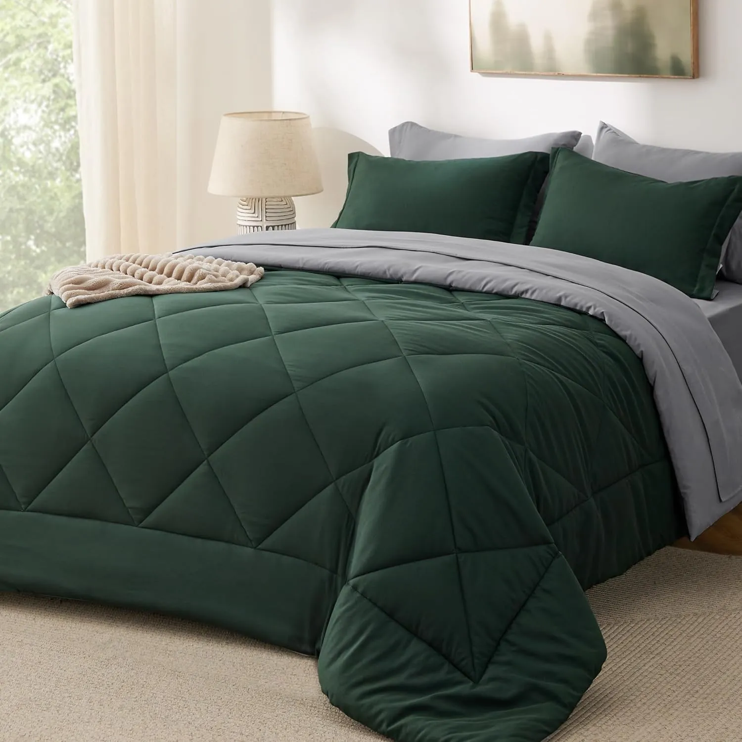 Bedsure Queen Comforter Set - 7 Pieces Reversible Forest Green Bedding, Queen Size Bed Set for All Seasons, Bed in a Bag with Down Alternative Comforter, Sheets, Pillowcases & Shams