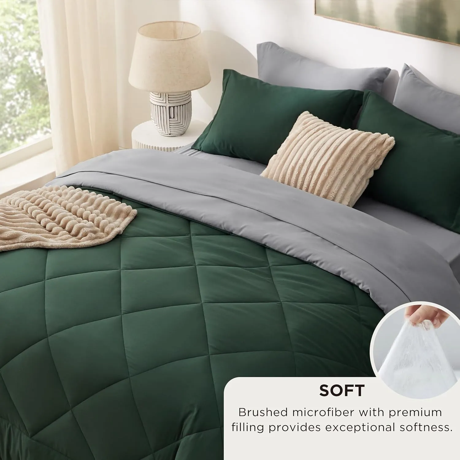 Bedsure Queen Comforter Set - 7 Pieces Reversible Forest Green Bedding, Queen Size Bed Set for All Seasons, Bed in a Bag with Down Alternative Comforter, Sheets, Pillowcases & Shams