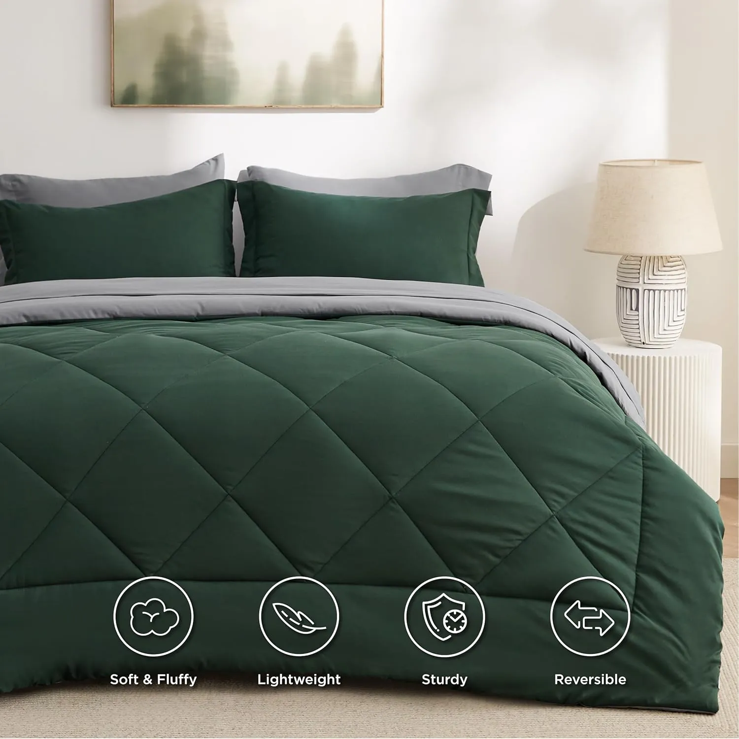 Bedsure Queen Comforter Set - 7 Pieces Reversible Forest Green Bedding, Queen Size Bed Set for All Seasons, Bed in a Bag with Down Alternative Comforter, Sheets, Pillowcases & Shams