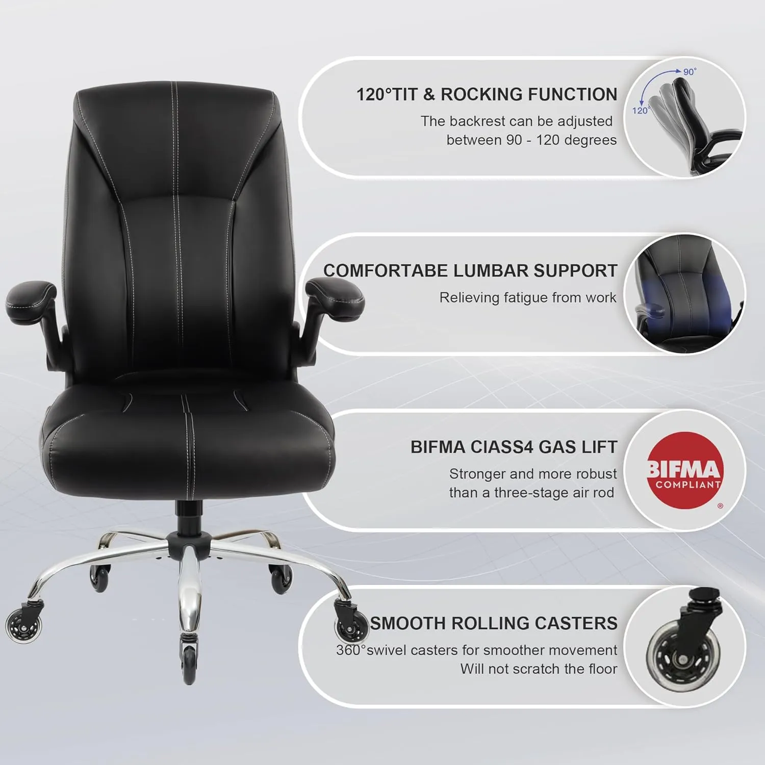 Big and Tall Office Chair 400lbs, Ergonomic High Back Executive Computer Chair for Heavy People, Heavy Duty Desk Chair with Adjustable Flip-up Armrests, Quiet Rubber Wheels&Lumbar Support, PU Leather
