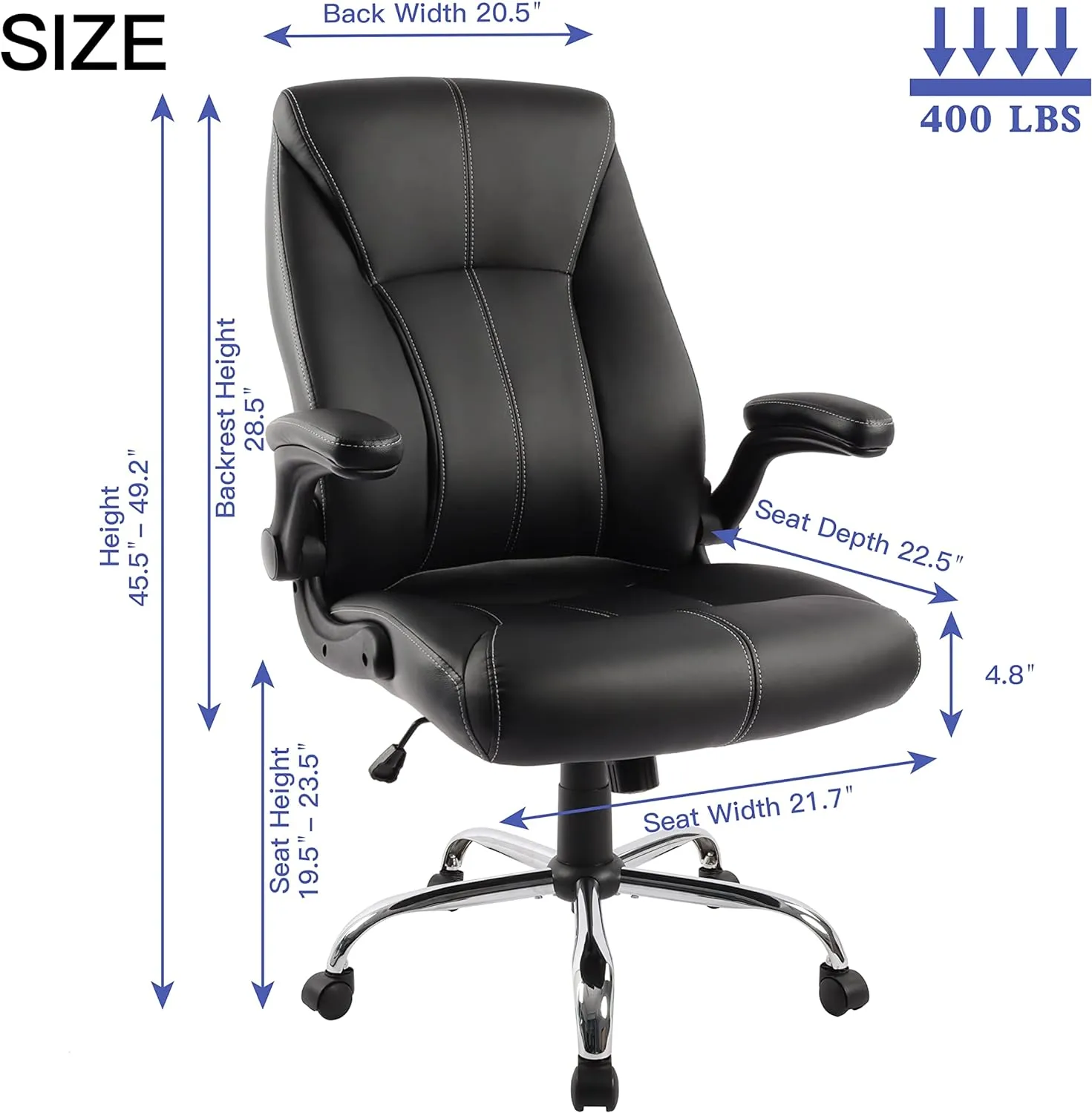 Big and Tall Office Chair 400lbs, Ergonomic High Back Executive Computer Chair for Heavy People, Heavy Duty Desk Chair with Adjustable Flip-up Armrests, Quiet Rubber Wheels&Lumbar Support, PU Leather