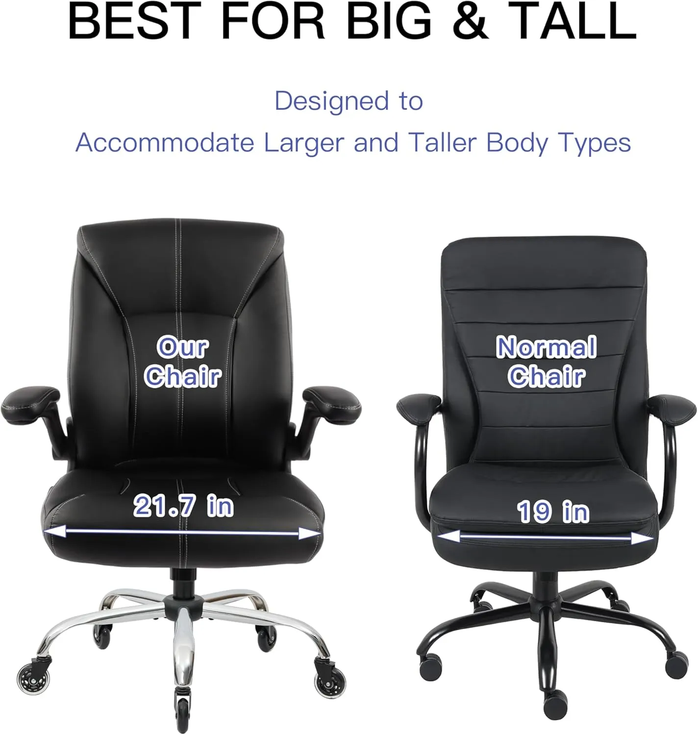 Big and Tall Office Chair 400lbs, Ergonomic High Back Executive Computer Chair for Heavy People, Heavy Duty Desk Chair with Adjustable Flip-up Armrests, Quiet Rubber Wheels&Lumbar Support, PU Leather