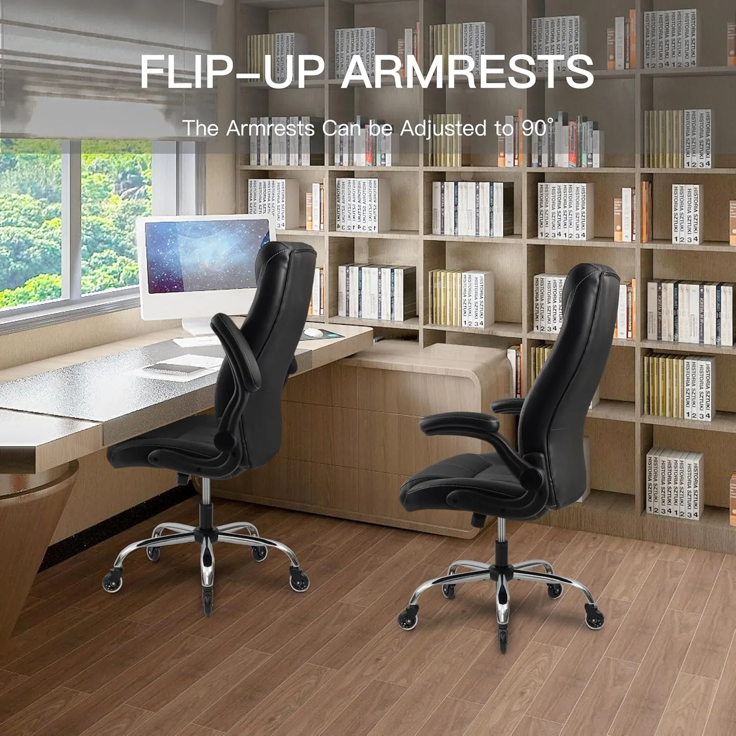 Big and Tall Office Chair 400lbs, Ergonomic High Back Executive Computer Chair for Heavy People, Heavy Duty Desk Chair with Adjustable Flip-up Armrests, Quiet Rubber Wheels&Lumbar Support, PU Leather