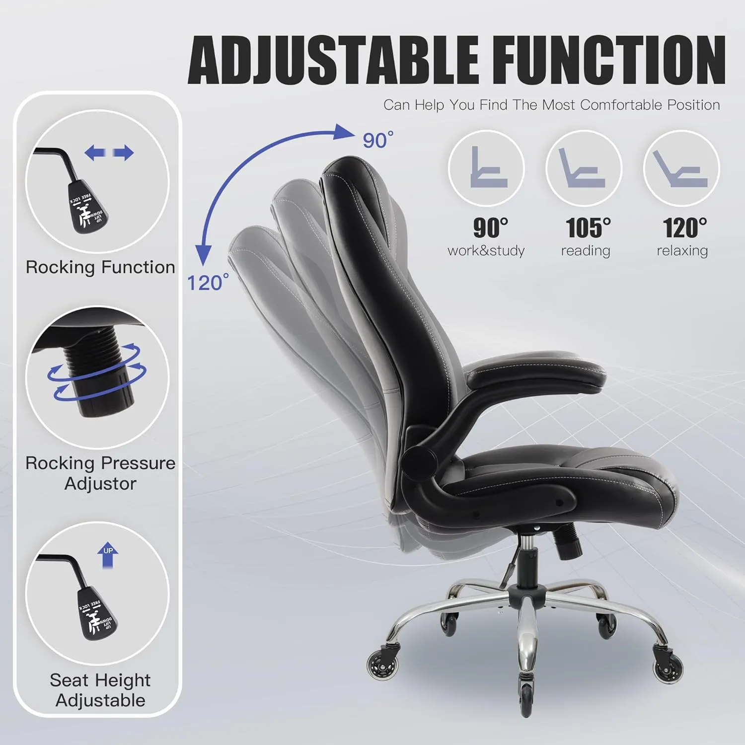 Big and Tall Office Chair 400lbs, Ergonomic High Back Executive Computer Chair for Heavy People, Heavy Duty Desk Chair with Adjustable Flip-up Armrests, Quiet Rubber Wheels&Lumbar Support, PU Leather