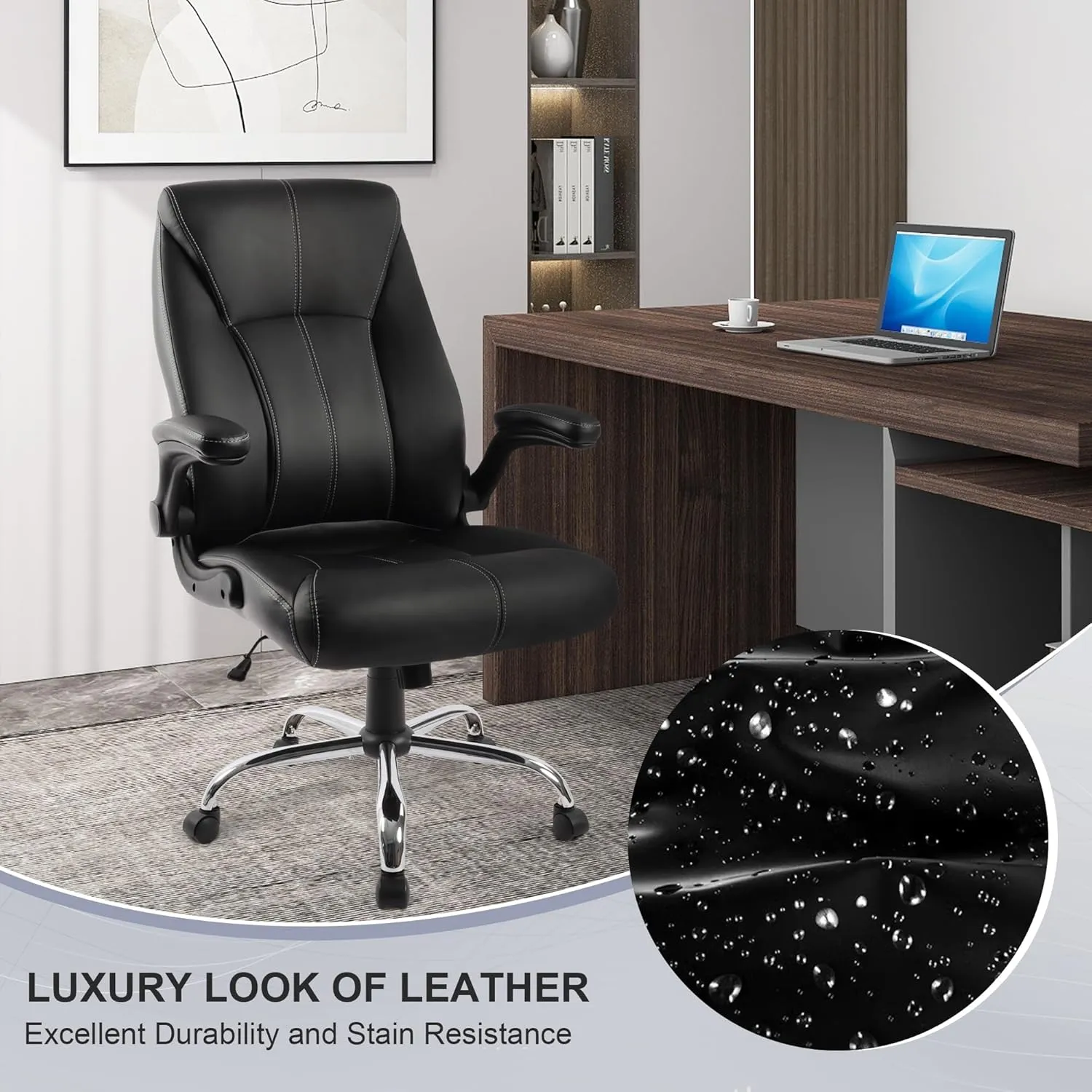 Big and Tall Office Chair 400lbs, Ergonomic High Back Executive Computer Chair for Heavy People, Heavy Duty Desk Chair with Adjustable Flip-up Armrests, Quiet Rubber Wheels&Lumbar Support, PU Leather