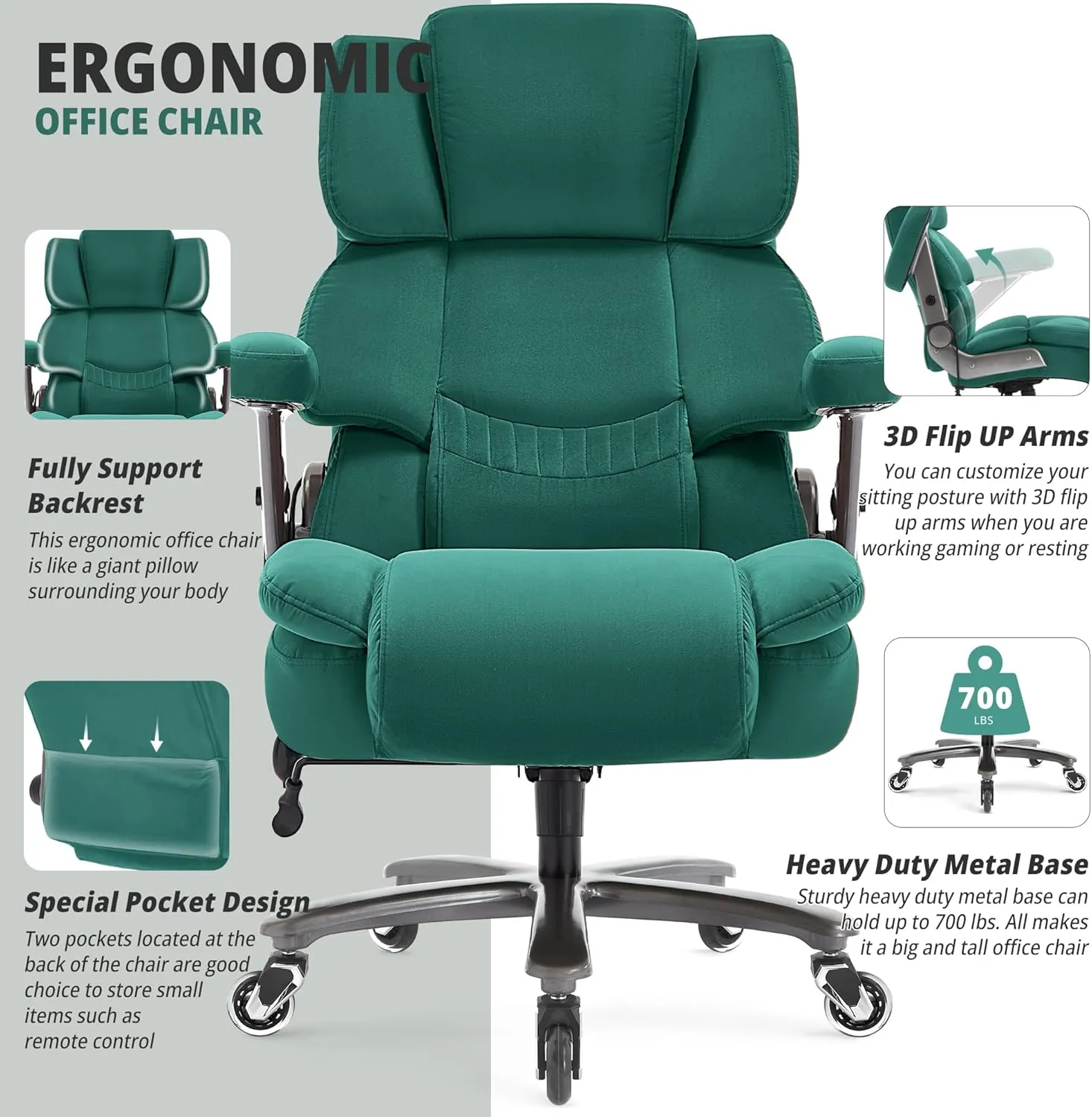 Big and Tall Office Chair 700lbs- Fabric High Back Executive Computer Chair with Adjustable Lumbar Support 3D Flip Arms Plus Size Rubber Wheels- Extra Wide Large Desk Chairs, Heavy Duty Metal Base