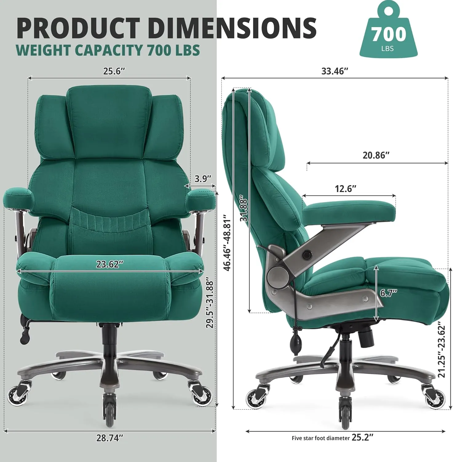 Big and Tall Office Chair 700lbs- Fabric High Back Executive Computer Chair with Adjustable Lumbar Support 3D Flip Arms Plus Size Rubber Wheels- Extra Wide Large Desk Chairs, Heavy Duty Metal Base