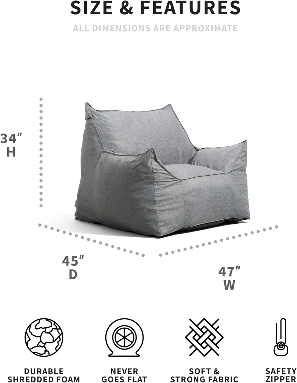 Big Joe Imperial Lounger Foam Filled Bean Bag Armchair with Removable Cover, Gray Union, Durable Woven Polyester, 4 feet Big