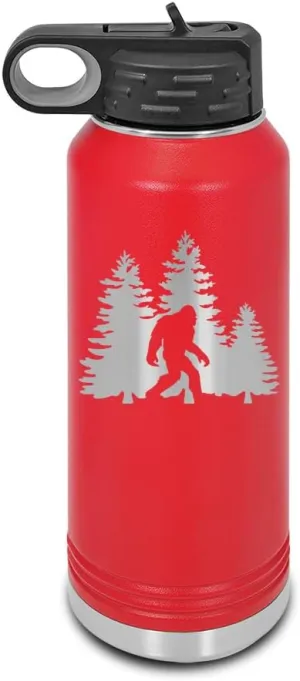 Bigfoot Trees Forest Laser Engraved Water Bottle Customizable Polar Camel Stainless Steel with Straw - sasquatch missing link big foot outdoors camping explore Red 32 oz