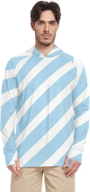Blue and White Stripes Mens Sun Shirts Protection Long Sleeve Sun Shirt with Hood UPF 50  Quick Dry Hooded UV Rashguard for Men Sun Proof Shirts playeras Manga Larga para Hombre Trabajo