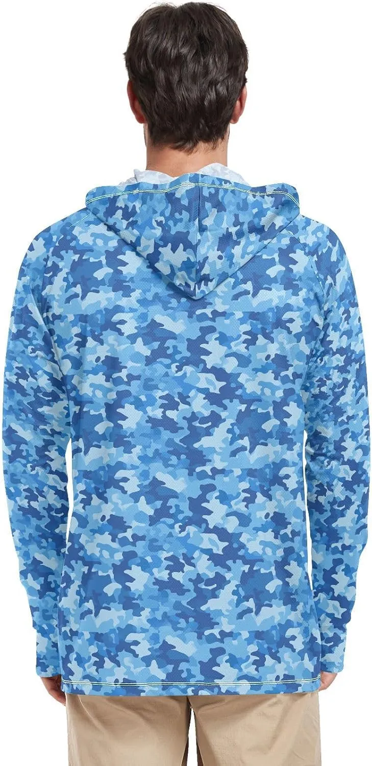 Blue Camouflage Mens Hoodie Sun Protection Long Sleeve UPF 50   Mens Sun Shirts Hiking Hoodie UV Hooded Rash Guard