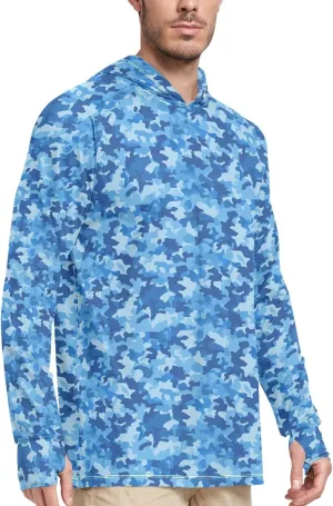 Blue Camouflage Mens Hoodie Sun Protection Long Sleeve UPF 50   Mens Sun Shirts Hiking Hoodie UV Hooded Rash Guard