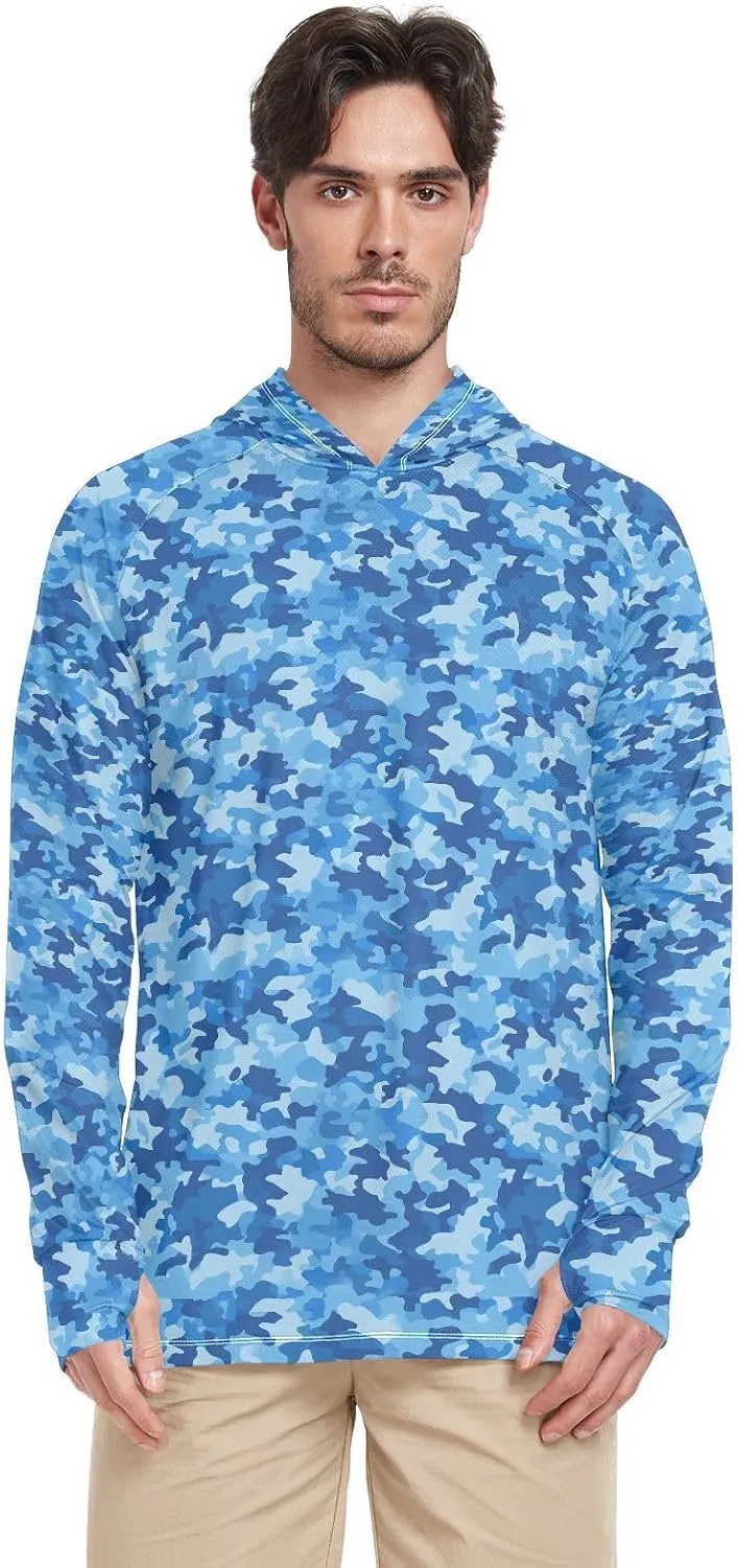 Blue Camouflage Mens Hoodie Sun Protection Long Sleeve UPF 50   Mens Sun Shirts Hiking Hoodie UV Hooded Rash Guard