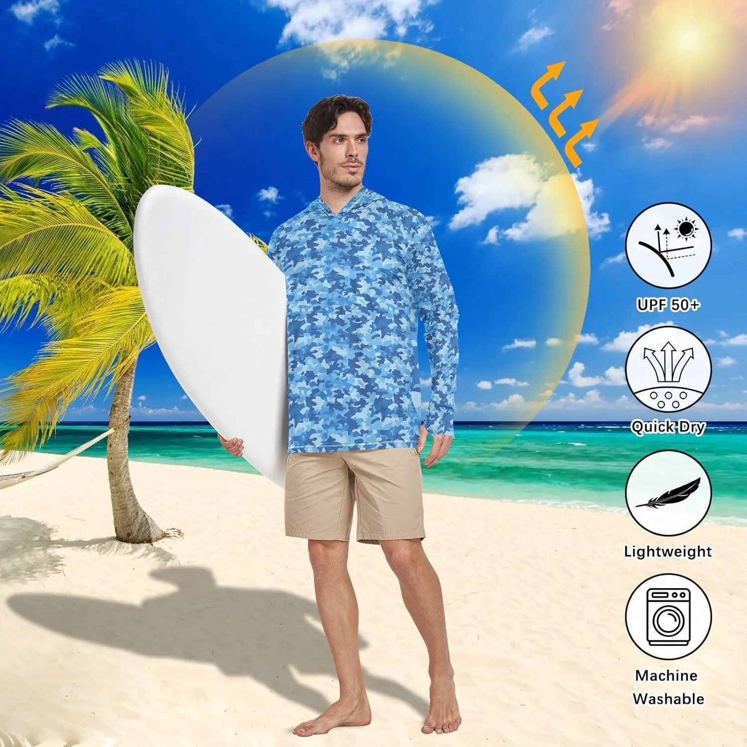 Blue Camouflage Mens Hoodie Sun Protection Long Sleeve UPF 50   Mens Sun Shirts Hiking Hoodie UV Hooded Rash Guard