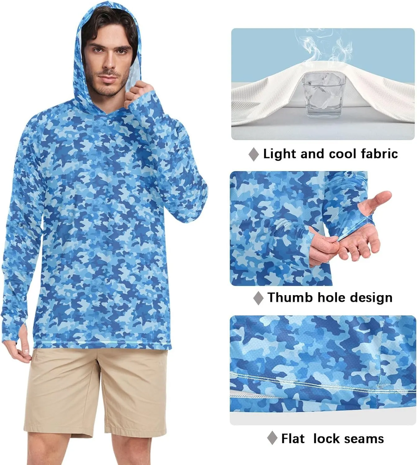 Blue Camouflage Mens Hoodie Sun Protection Long Sleeve UPF 50   Mens Sun Shirts Hiking Hoodie UV Hooded Rash Guard