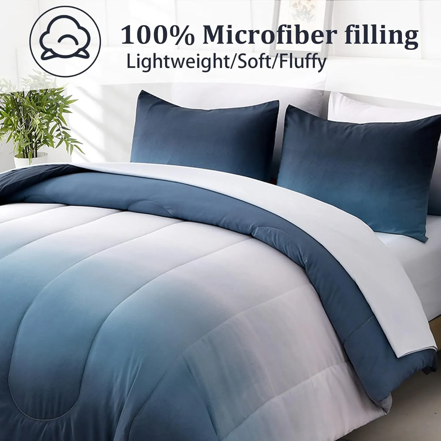 Blue Comforter Set Queen - 7 Pieces Ombre Blue White Microfiber Bedding Set - All Season Down Alternative Light Ocean Sea Abstract Bed in a Bag for All Season (90" x90")