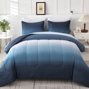 Blue Comforter Set Queen - 7 Pieces Ombre Blue White Microfiber Bedding Set - All Season Down Alternative Light Ocean Sea Abstract Bed in a Bag for All Season (90" x90")