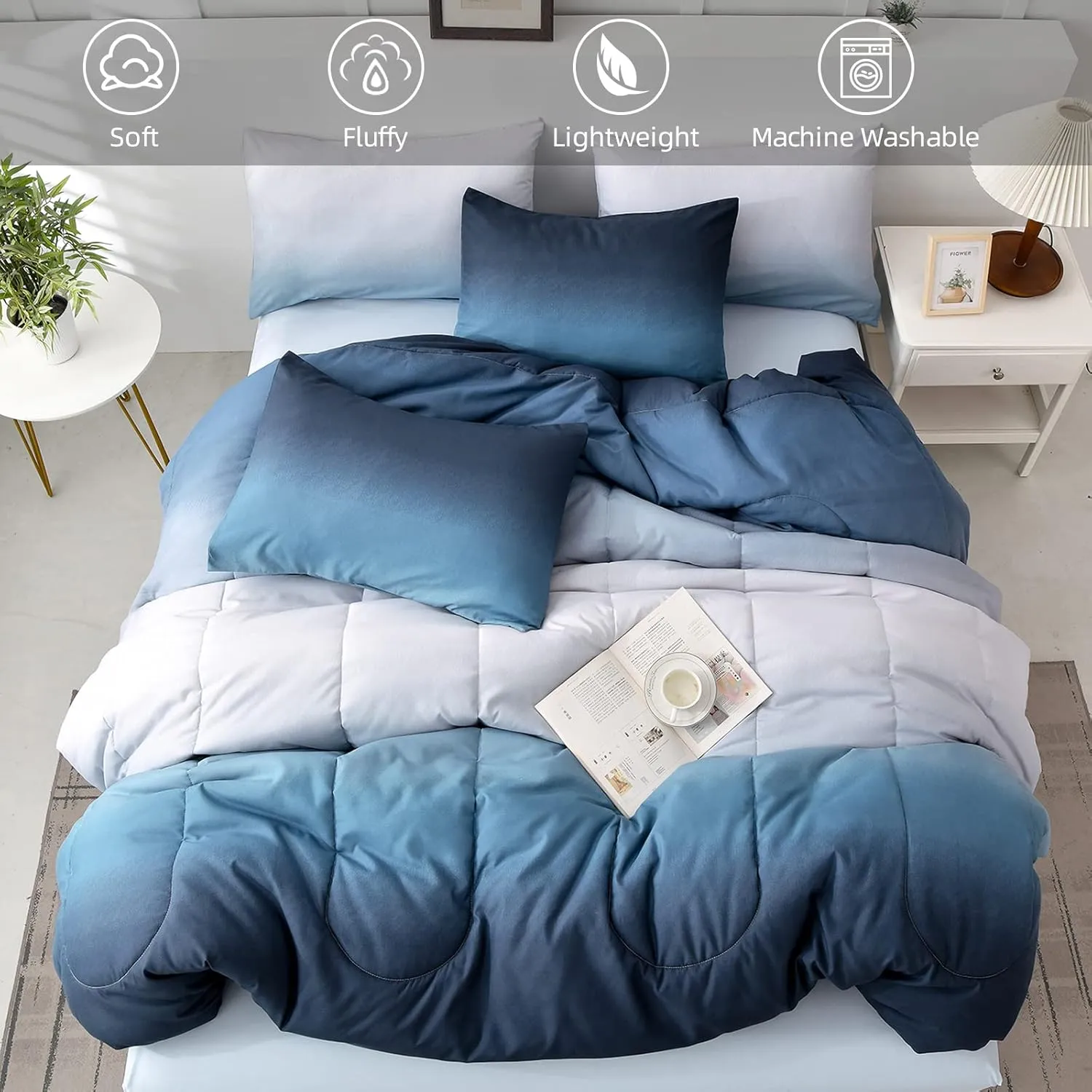 Blue Comforter Set Queen - 7 Pieces Ombre Blue White Microfiber Bedding Set - All Season Down Alternative Light Ocean Sea Abstract Bed in a Bag for All Season (90" x90")