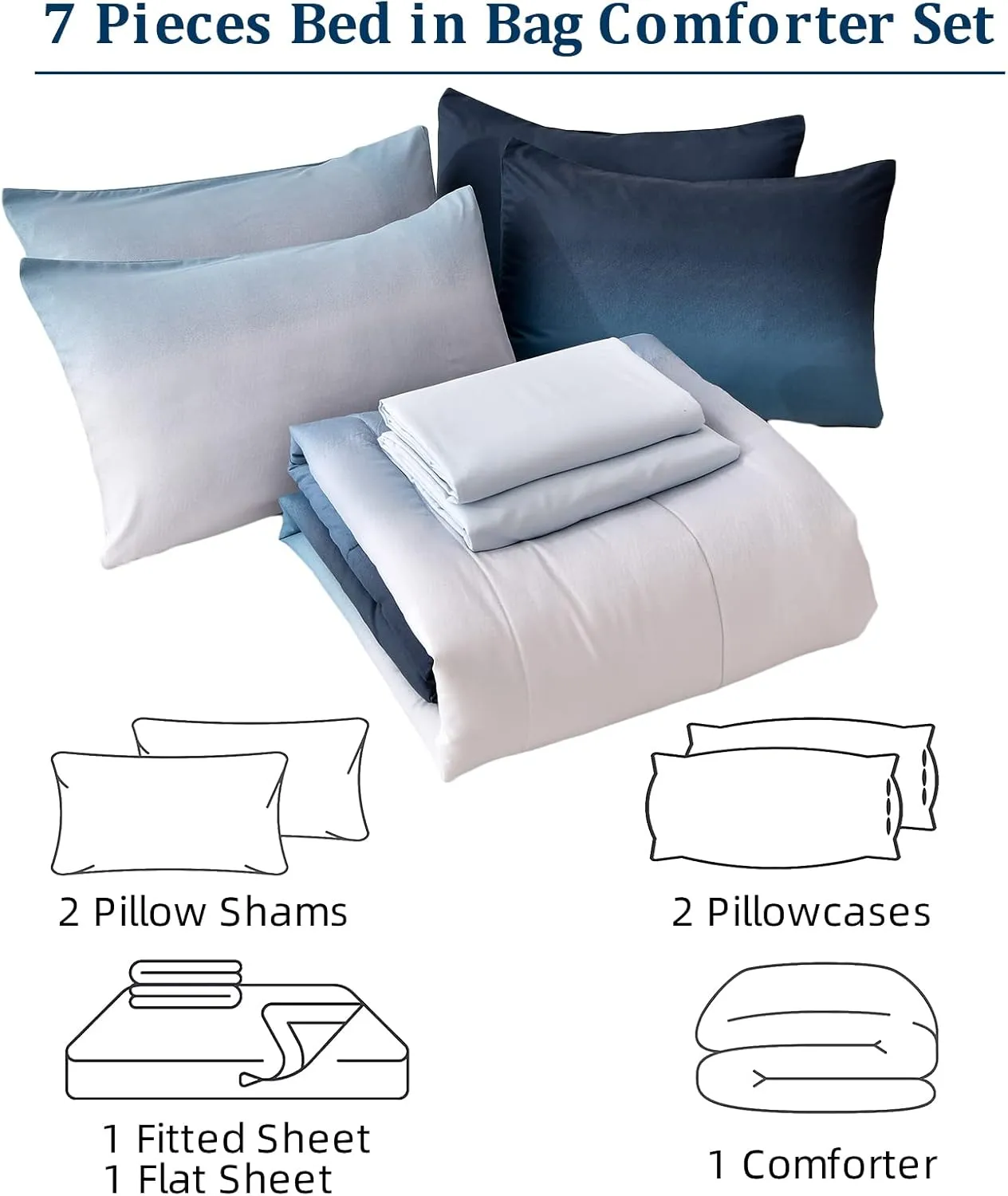 Blue Comforter Set Queen - 7 Pieces Ombre Blue White Microfiber Bedding Set - All Season Down Alternative Light Ocean Sea Abstract Bed in a Bag for All Season (90" x90")