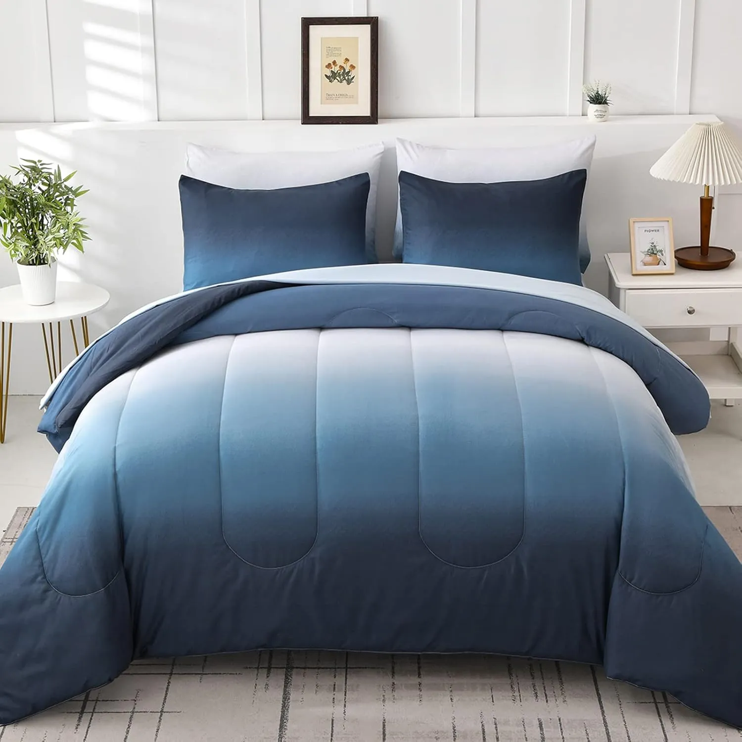 Blue Comforter Set Queen - 7 Pieces Ombre Blue White Microfiber Bedding Set - All Season Down Alternative Light Ocean Sea Abstract Bed in a Bag for All Season (90" x90")