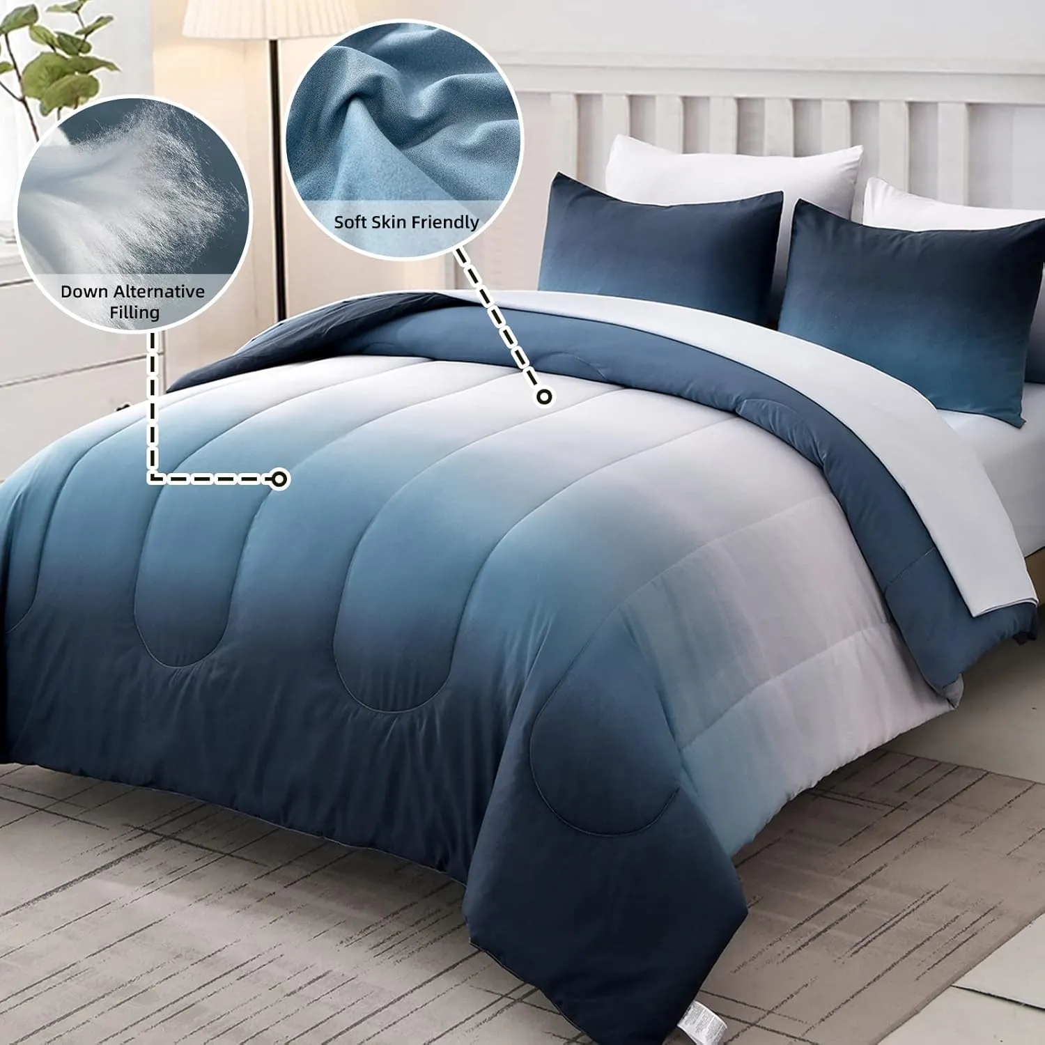 Blue Comforter Set Queen - 7 Pieces Ombre Blue White Microfiber Bedding Set - All Season Down Alternative Light Ocean Sea Abstract Bed in a Bag for All Season (90" x90")