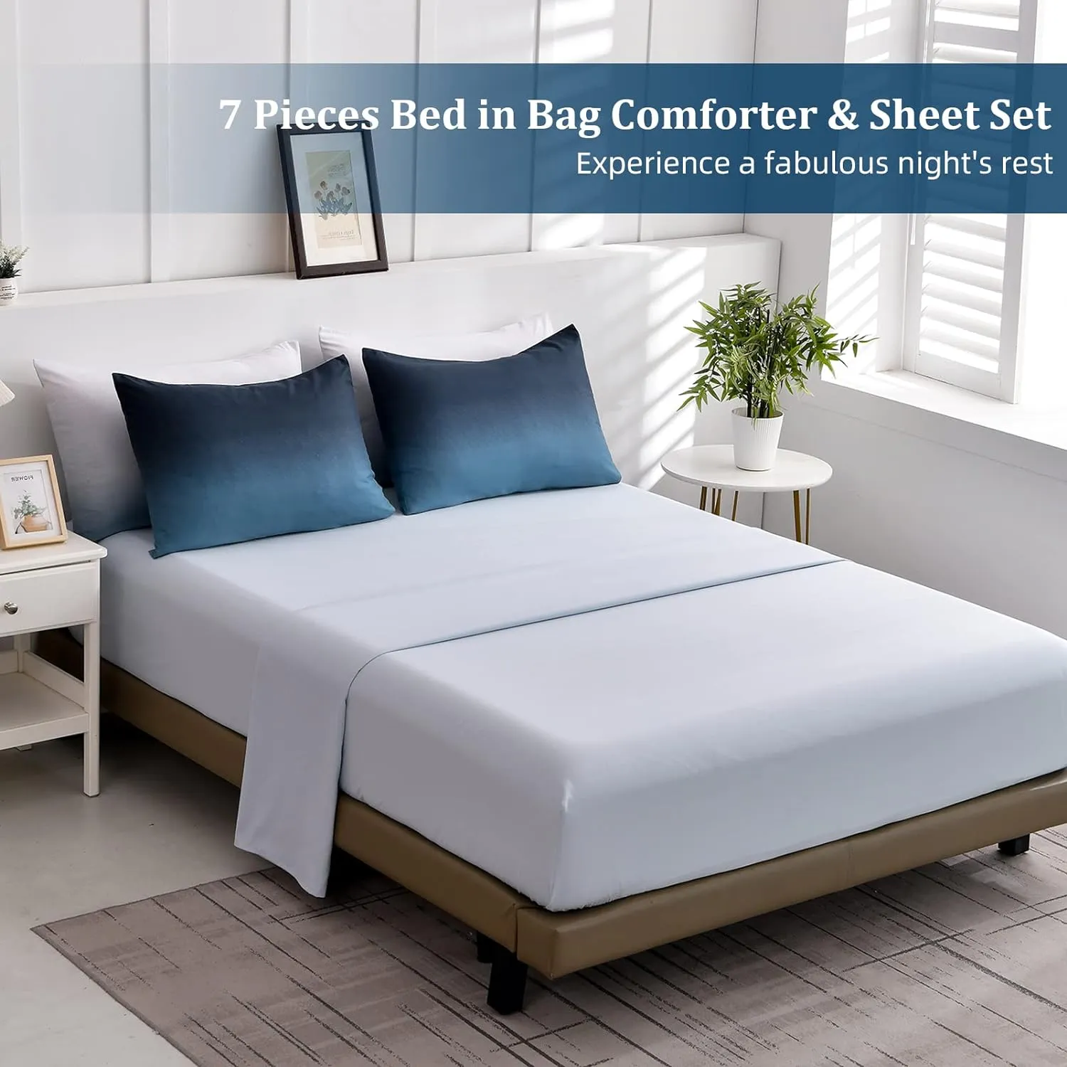 Blue Comforter Set Queen - 7 Pieces Ombre Blue White Microfiber Bedding Set - All Season Down Alternative Light Ocean Sea Abstract Bed in a Bag for All Season (90" x90")