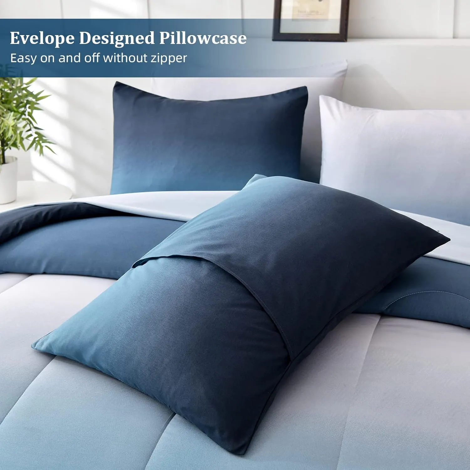 Blue Comforter Set Queen - 7 Pieces Ombre Blue White Microfiber Bedding Set - All Season Down Alternative Light Ocean Sea Abstract Bed in a Bag for All Season (90" x90")