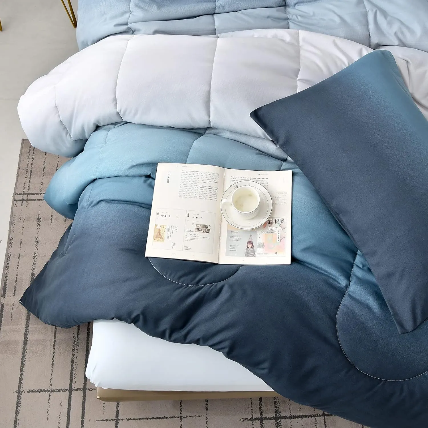 Blue Comforter Set Queen - 7 Pieces Ombre Blue White Microfiber Bedding Set - All Season Down Alternative Light Ocean Sea Abstract Bed in a Bag for All Season (90" x90")