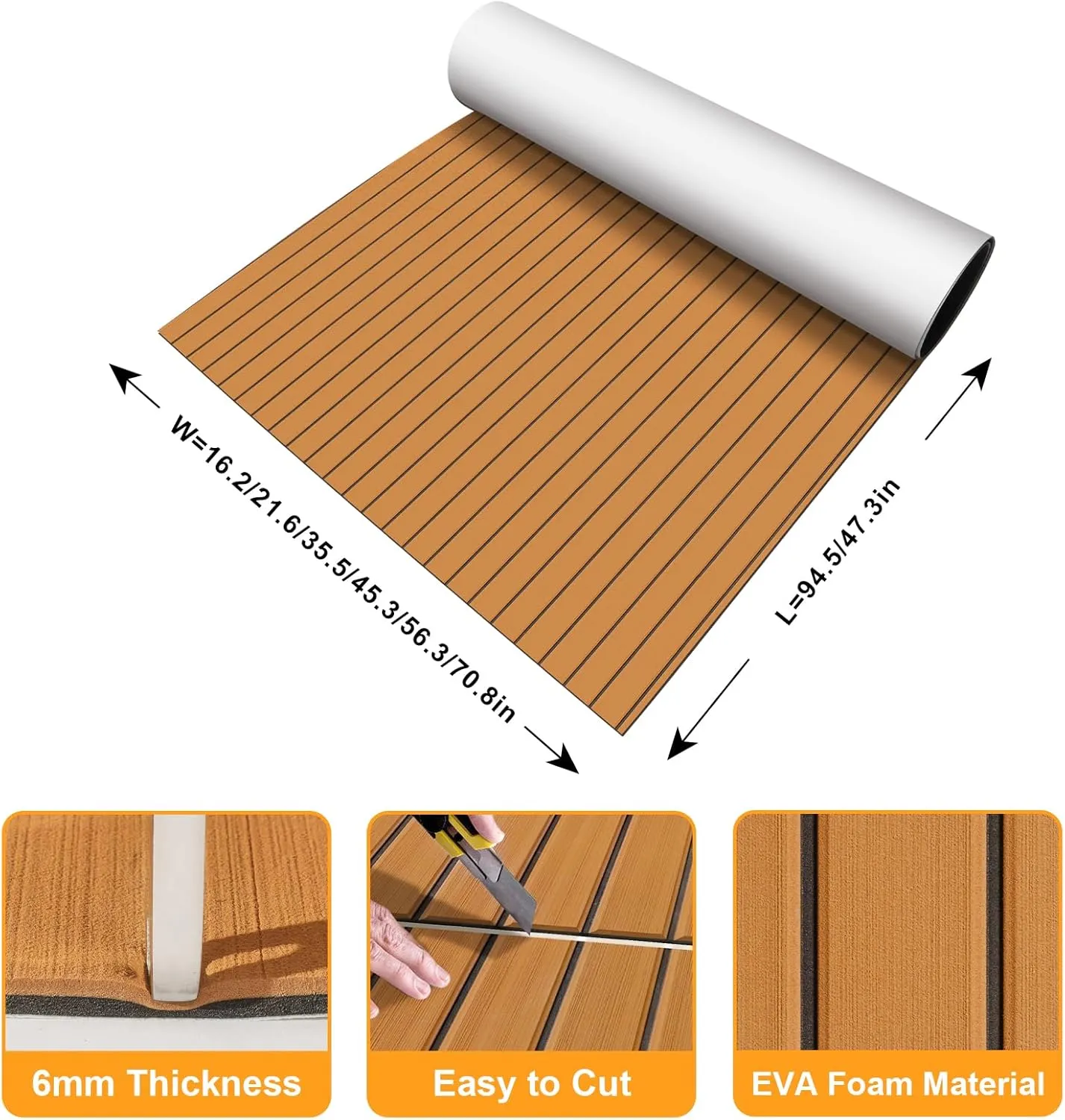 Boat Flooring EVA Foam Boat Decking 94" x70''/56''/45"/35" Non-Slip Boat Mat Self-Adhesive Foam Boat Deck Flooring Faux Teak Marine Mat for Pontoon Swim Platform Kayak Deck Yacht Jon Boat