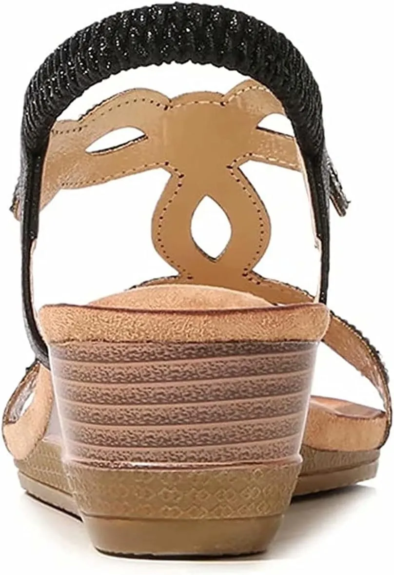 Bohemian Womens Wedge Sandals Casual Summer Rhinestone Beaded Platform Sandals Breathable Cutout Open Toe Elastic Band Dress Sandals Comfy Elastic Slingback T Strap Mid Heeled Beach Sandals
