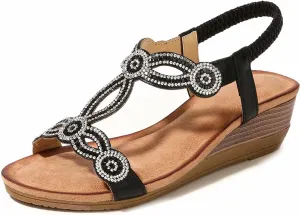 Bohemian Womens Wedge Sandals Casual Summer Rhinestone Beaded Platform Sandals Breathable Cutout Open Toe Elastic Band Dress Sandals Comfy Elastic Slingback T Strap Mid Heeled Beach Sandals