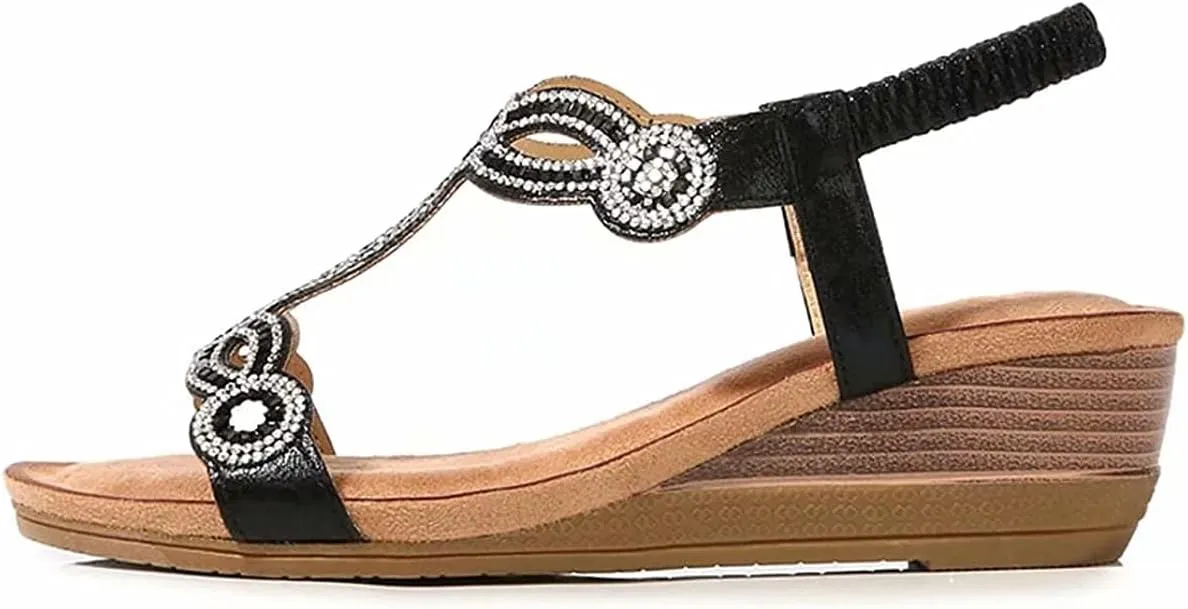 Bohemian Womens Wedge Sandals Casual Summer Rhinestone Beaded Platform Sandals Breathable Cutout Open Toe Elastic Band Dress Sandals Comfy Elastic Slingback T Strap Mid Heeled Beach Sandals