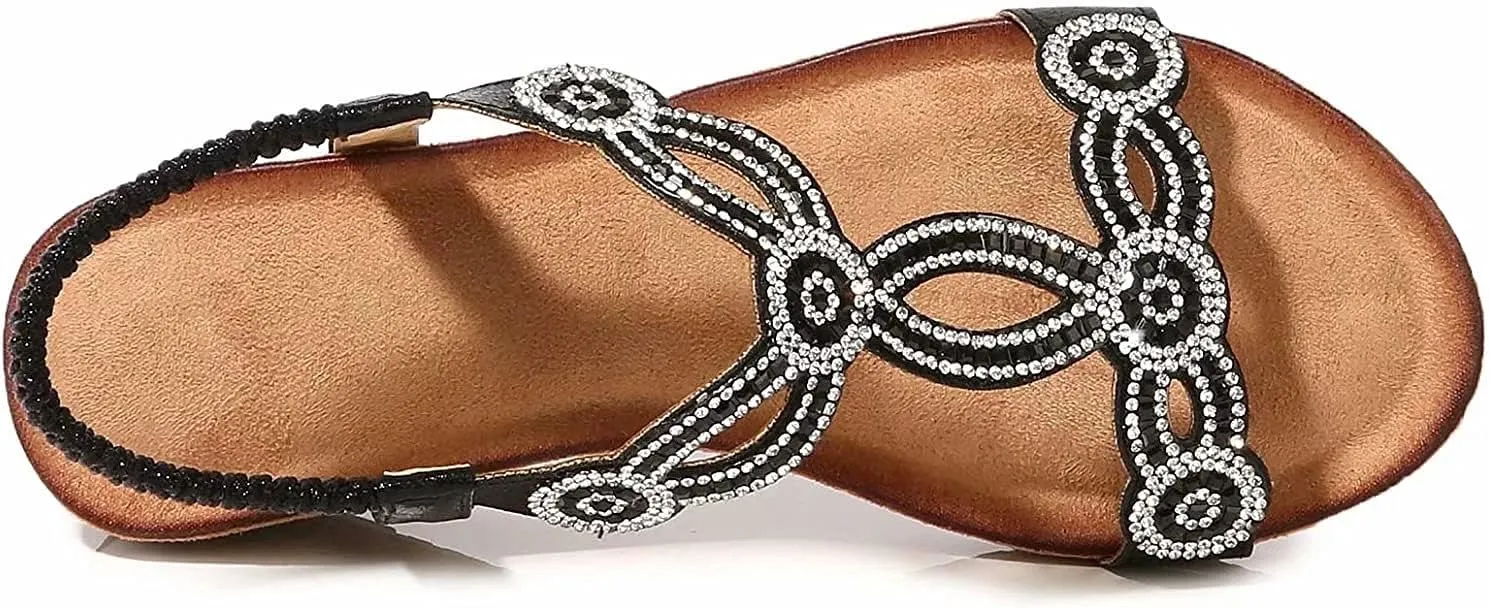 Bohemian Womens Wedge Sandals Casual Summer Rhinestone Beaded Platform Sandals Breathable Cutout Open Toe Elastic Band Dress Sandals Comfy Elastic Slingback T Strap Mid Heeled Beach Sandals