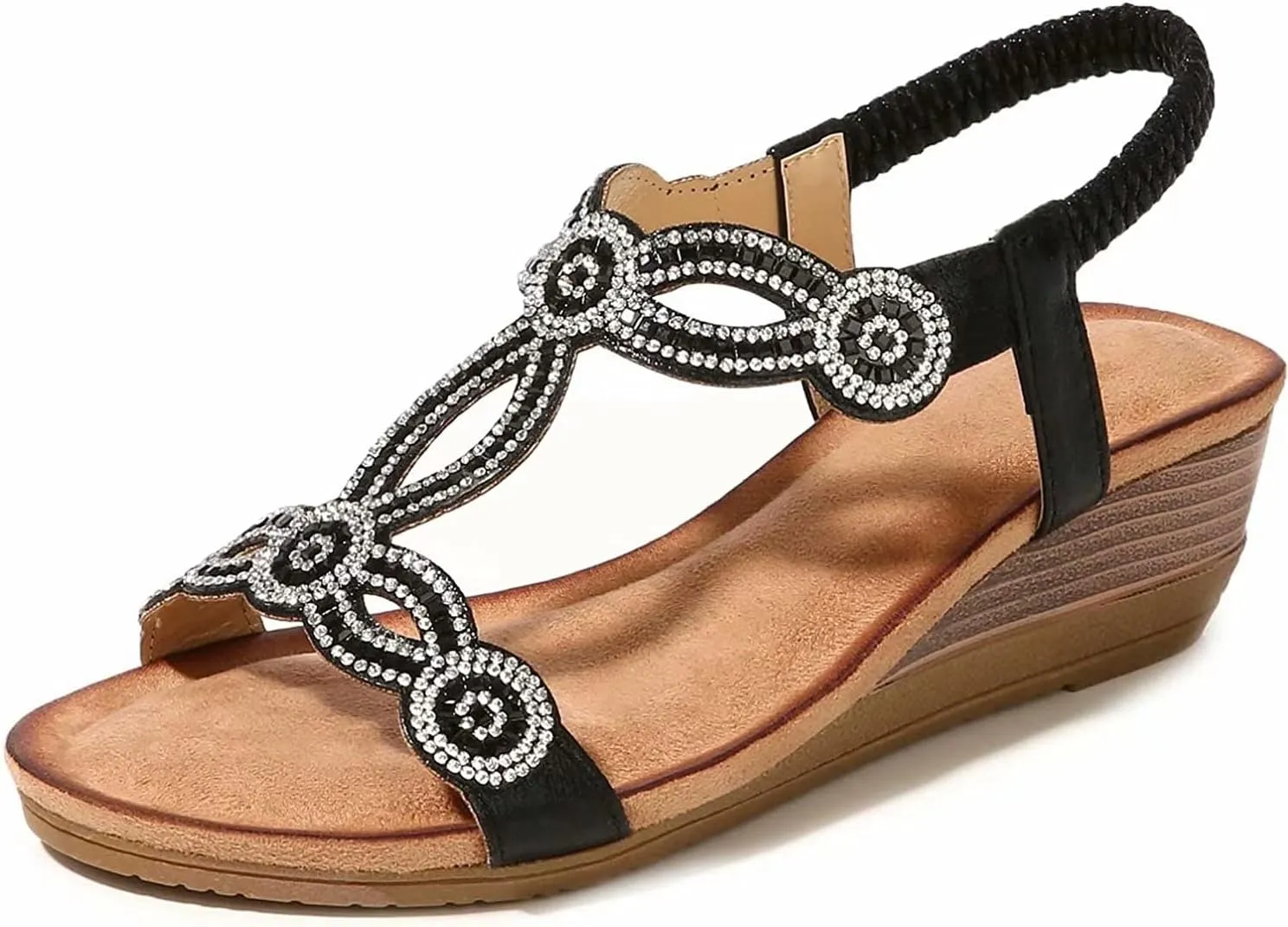 Bohemian Womens Wedge Sandals Casual Summer Rhinestone Beaded Platform Sandals Breathable Cutout Open Toe Elastic Band Dress Sandals Comfy Elastic Slingback T Strap Mid Heeled Beach Sandals