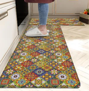 Boho Kitchen Rugs Set 2 Memory Foam Colorful Ceramic Comfort Tile Floor Mat Anti Fatigue Non-Skid PVC Runner Rug Water & Oil Proof Carpet for Kitchen Laundry Sink,17.3x28 17.3x47 Inch, C4