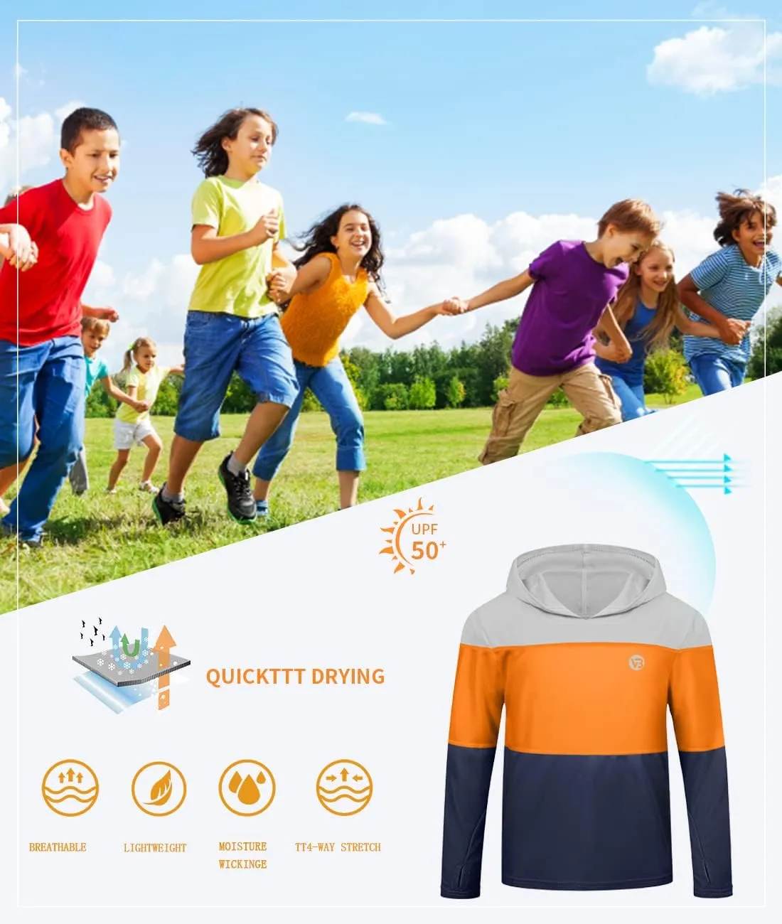 Boys Girls Hooded Sun Shirts UPF50  Long Sleeve Hoodies Quick Dry Rash Guard Swim Shirts Fishing Hiking Thumb Holes