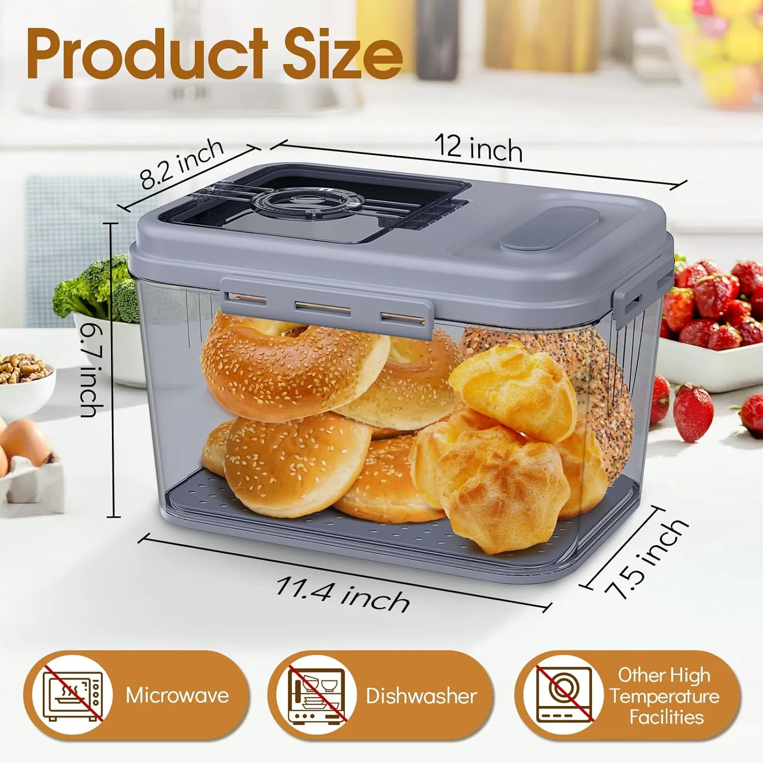 Bread Box Airtight Bread Container for Homemade, Clear Bread Storage for Kitchen Countertop, Time Recording Bread Holder, Bread Keeper with Lid for Toast, Bagel, Donut and Cookies, Grey, L