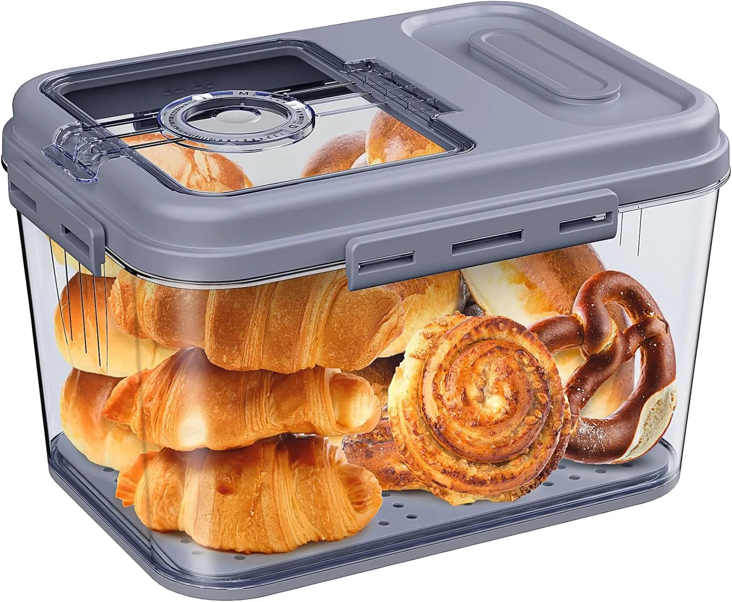 Bread Box Airtight Bread Container for Homemade, Clear Bread Storage for Kitchen Countertop, Time Recording Bread Holder, Bread Keeper with Lid for Toast, Bagel, Donut and Cookies, Grey, L