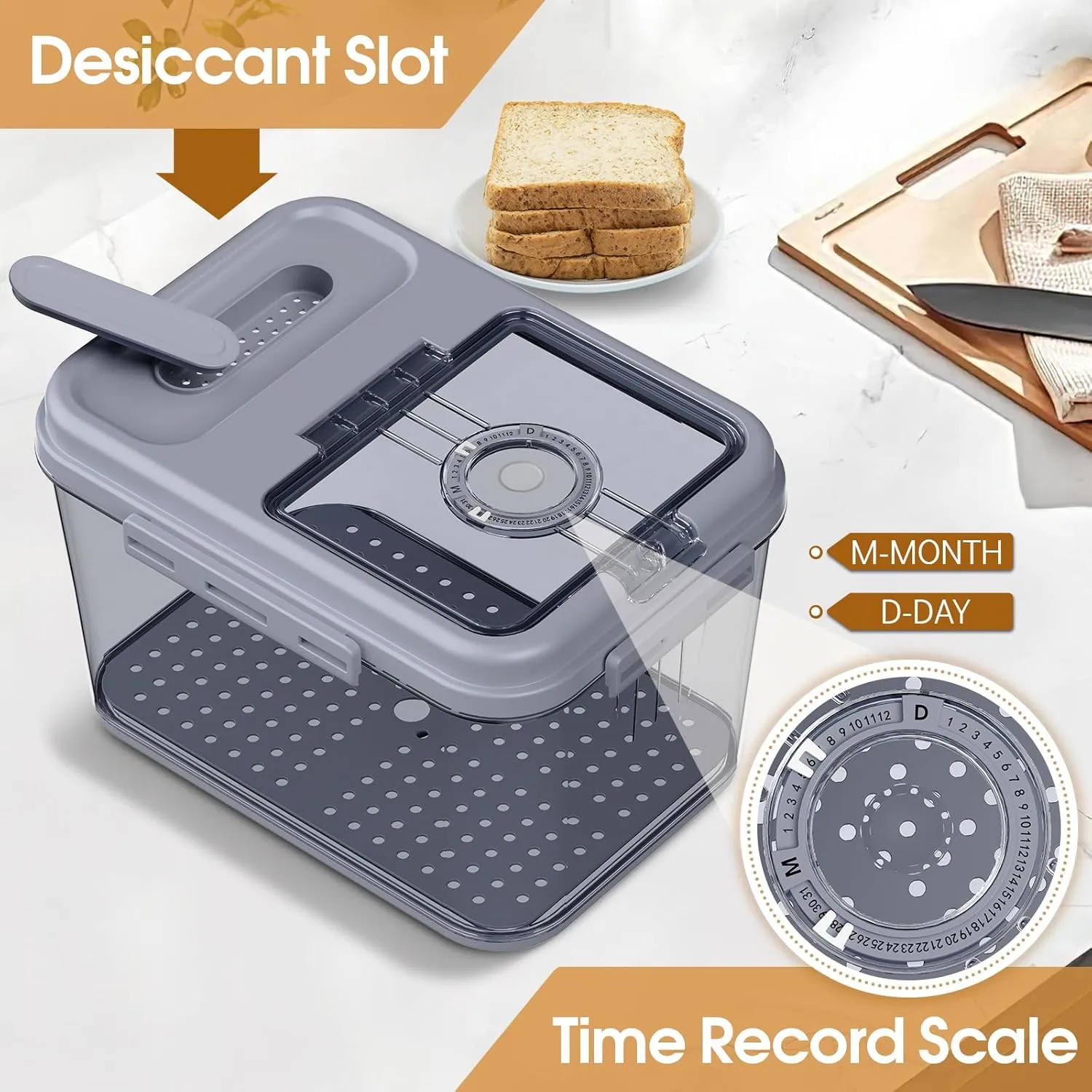 Bread Box Airtight Bread Container for Homemade, Clear Bread Storage for Kitchen Countertop, Time Recording Bread Holder, Bread Keeper with Lid for Toast, Bagel, Donut and Cookies, Grey, L