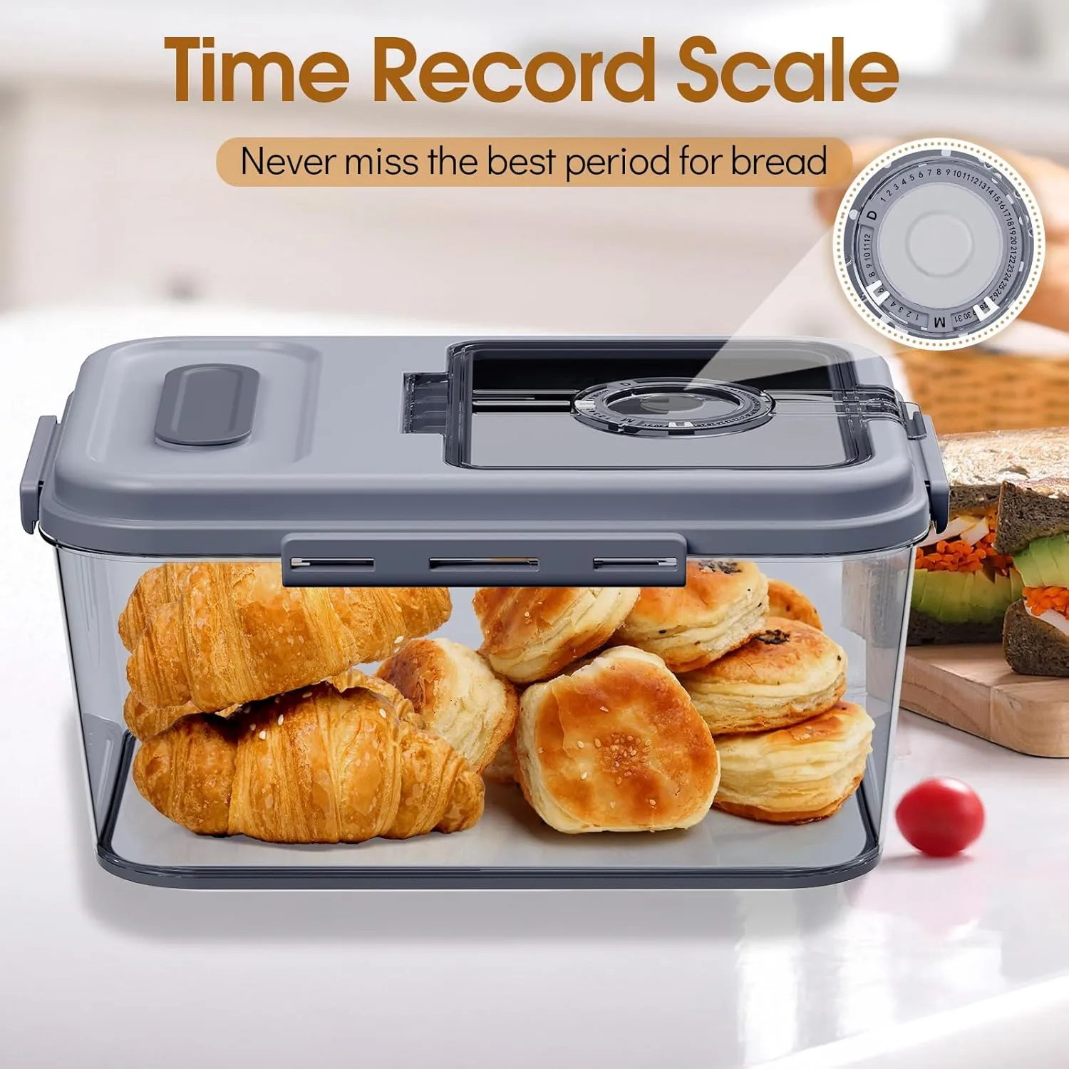 Bread Box Airtight Bread Container for Homemade, Clear Bread Storage for Kitchen Countertop, Time Recording Bread Holder, Bread Keeper with Lid for Toast, Bagel, Donut and Cookies, Grey, S