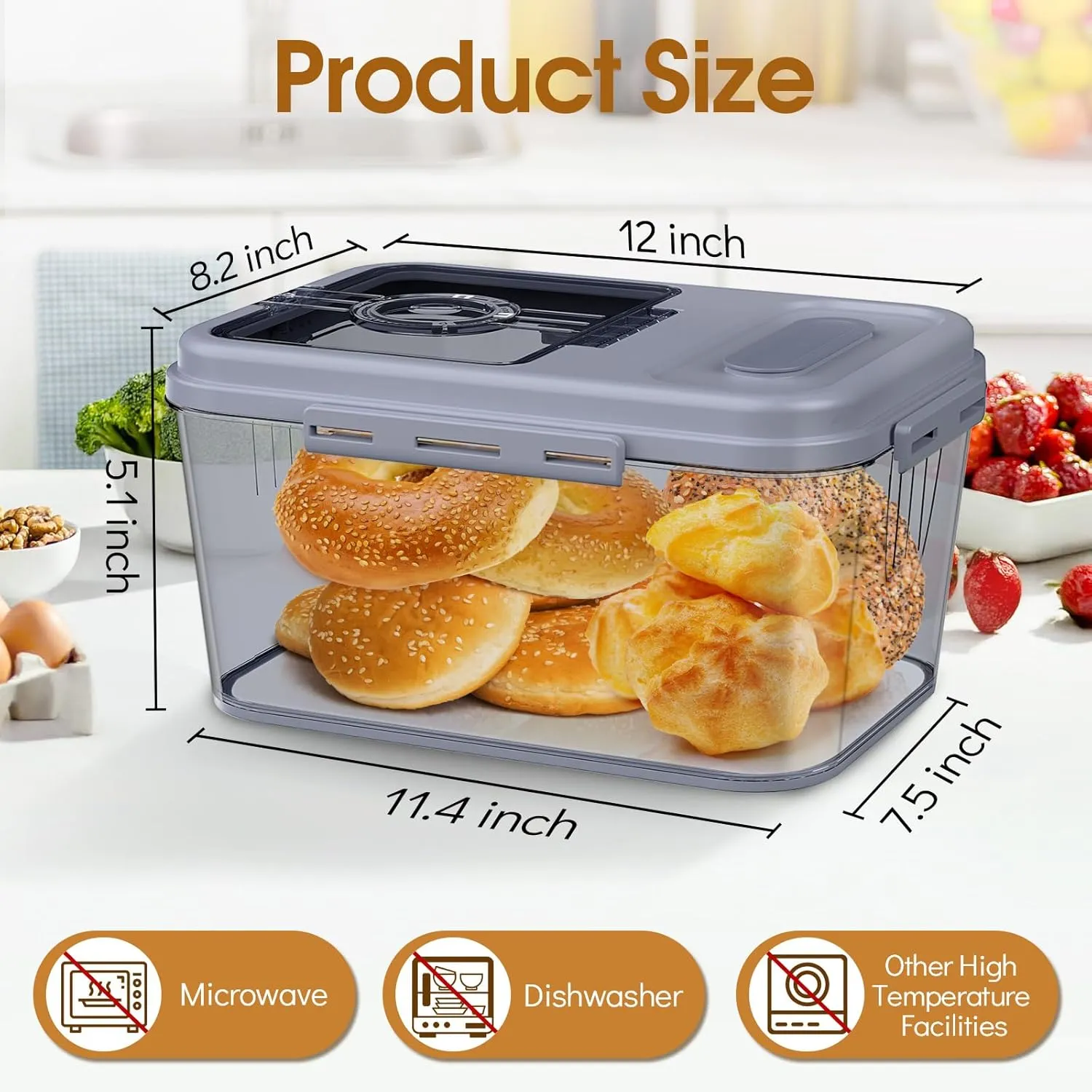 Bread Box Airtight Bread Container for Homemade, Clear Bread Storage for Kitchen Countertop, Time Recording Bread Holder, Bread Keeper with Lid for Toast, Bagel, Donut and Cookies, Grey, S